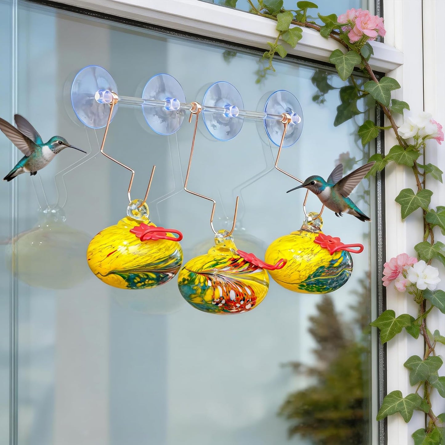 3Pcs Hand Blown Hummingbird Feedeers with Suction Cups for Window Hanging Ant and Bee Proof Glass Humming Birds Feeders Gifts for Woman Man