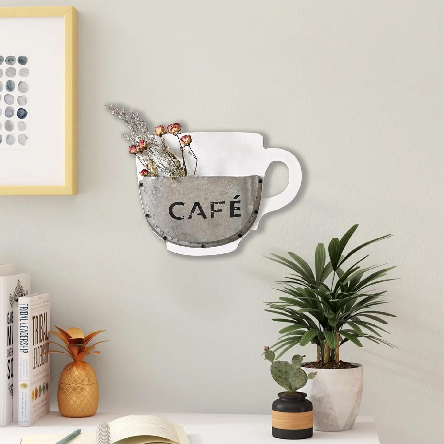 SOFE Industrial Farmhouse Wall Mounted Flower Vase, White Wood Frame with Coffee Cup Planter, Rustic Kitchen Wall Art, 9.8" X 2.2" X 7.5"