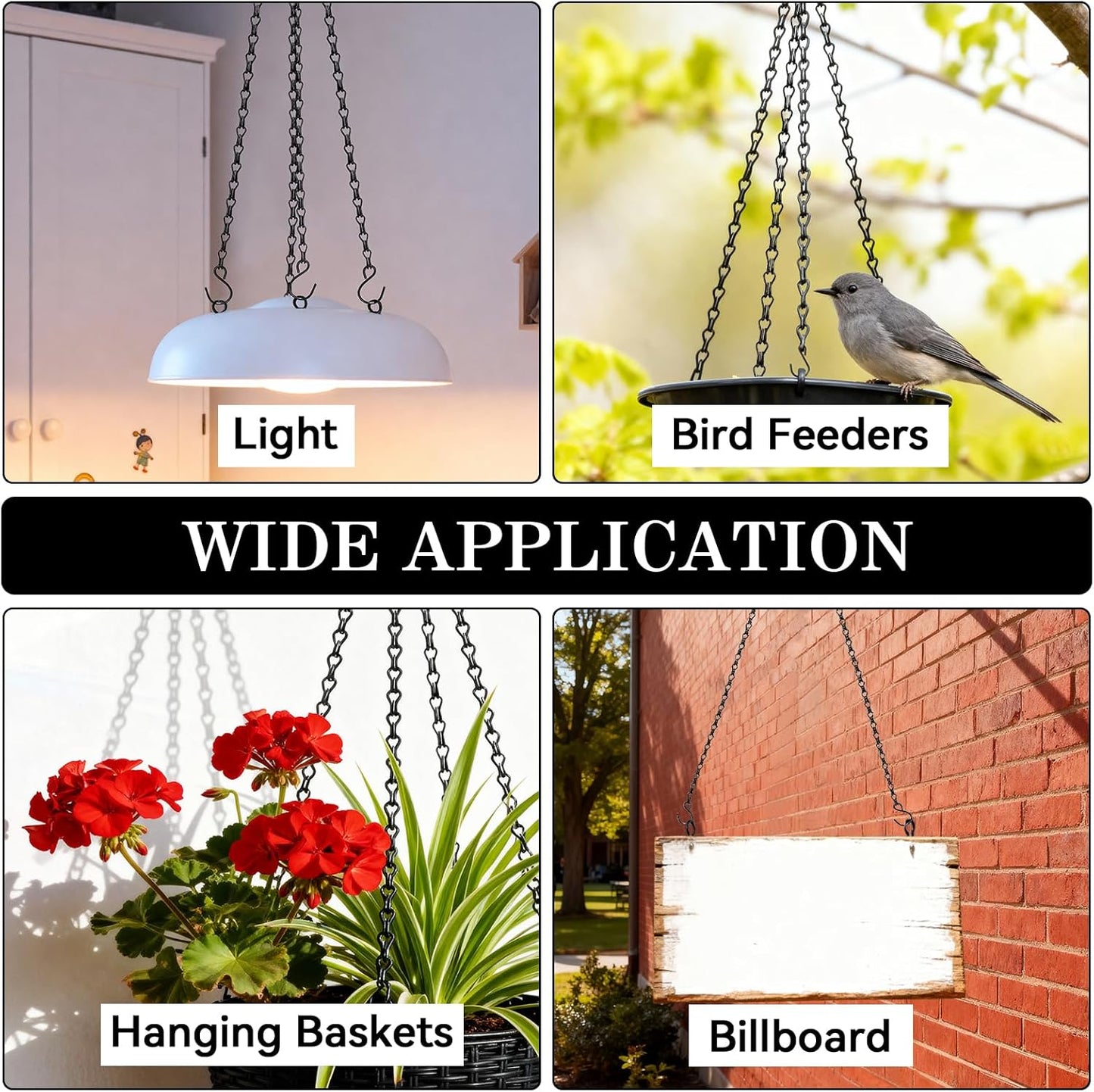 ZeeDix 4 Pack, 24 Inch Hanging Basket Chain with Hooks, Black Metal Planter Flower Pot Chain for Hanging Plants, Adjustable Replacement Chain for Lanterns, Bird Feeders and Flowers