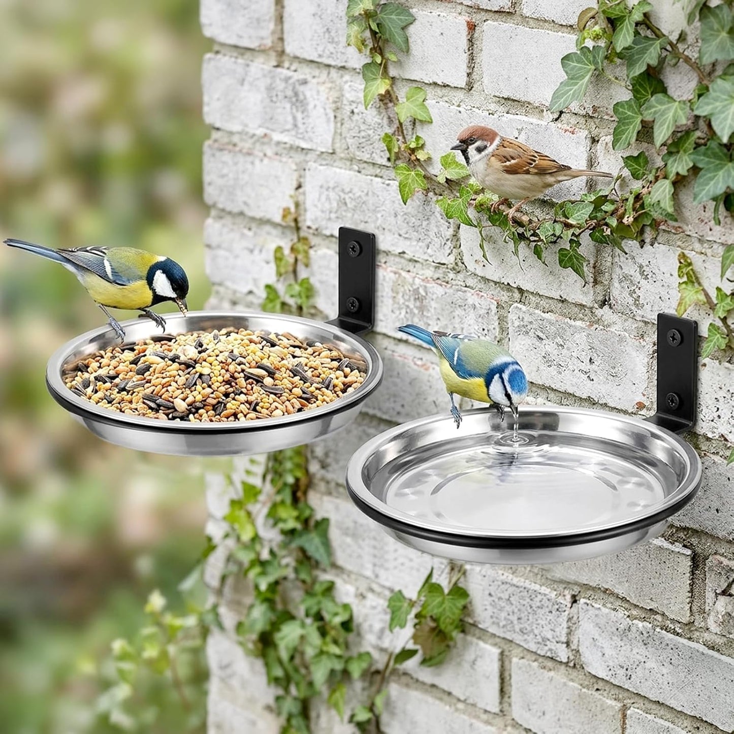 2 Pack Bird Feeder Tree Mount, 8.6 Inch Stainless Steel Fence Crow feeders for Outside with Metal Holder, Wild Bird Bath Tray for Outdoor Garden