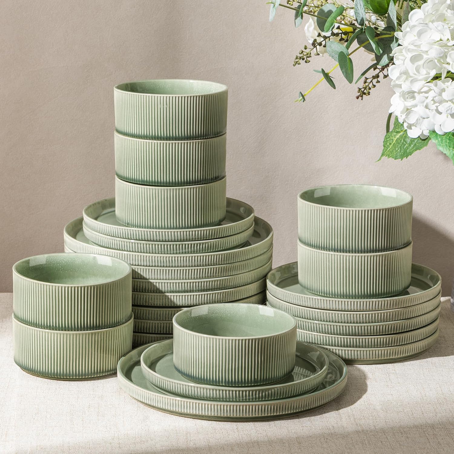 GBHOME 24-Piece Stoneware Dinnerware Set for 8 – Ribbed Ceramic Plates