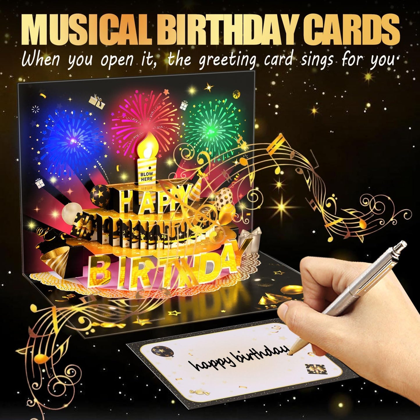 Pop Up Birthday Cards for Men - LED Light & Music with Blow The Candle