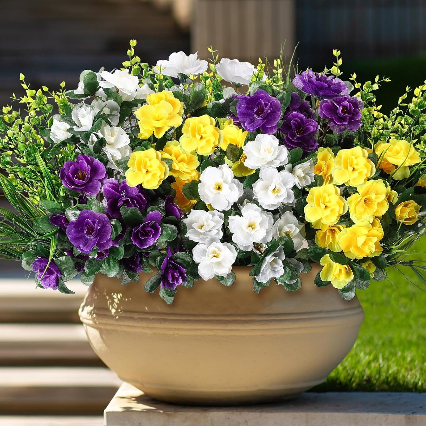 12pcs Artificial Flowers for Outdoor Fake Silk Camellia UV Resistant Realistic Eucalyptus Leaves Fake Grass Greenery for Front Door Porch Planter Pot Patio Balcony Decor(Classic)