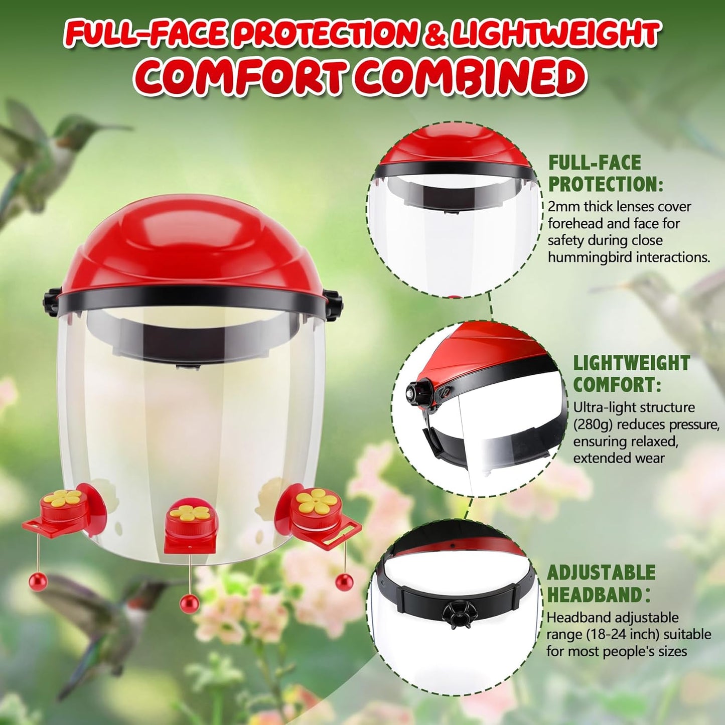Saillong 2 Pack Upgraded Hummingbird Feeder Helmet, Wearable Hummingbird Mask Feeders Hat with 6 Feeding Ports & Round Nectar Box, Adjustable Bird Feeder Hat for Garden Patio Outside Outdoor Yard