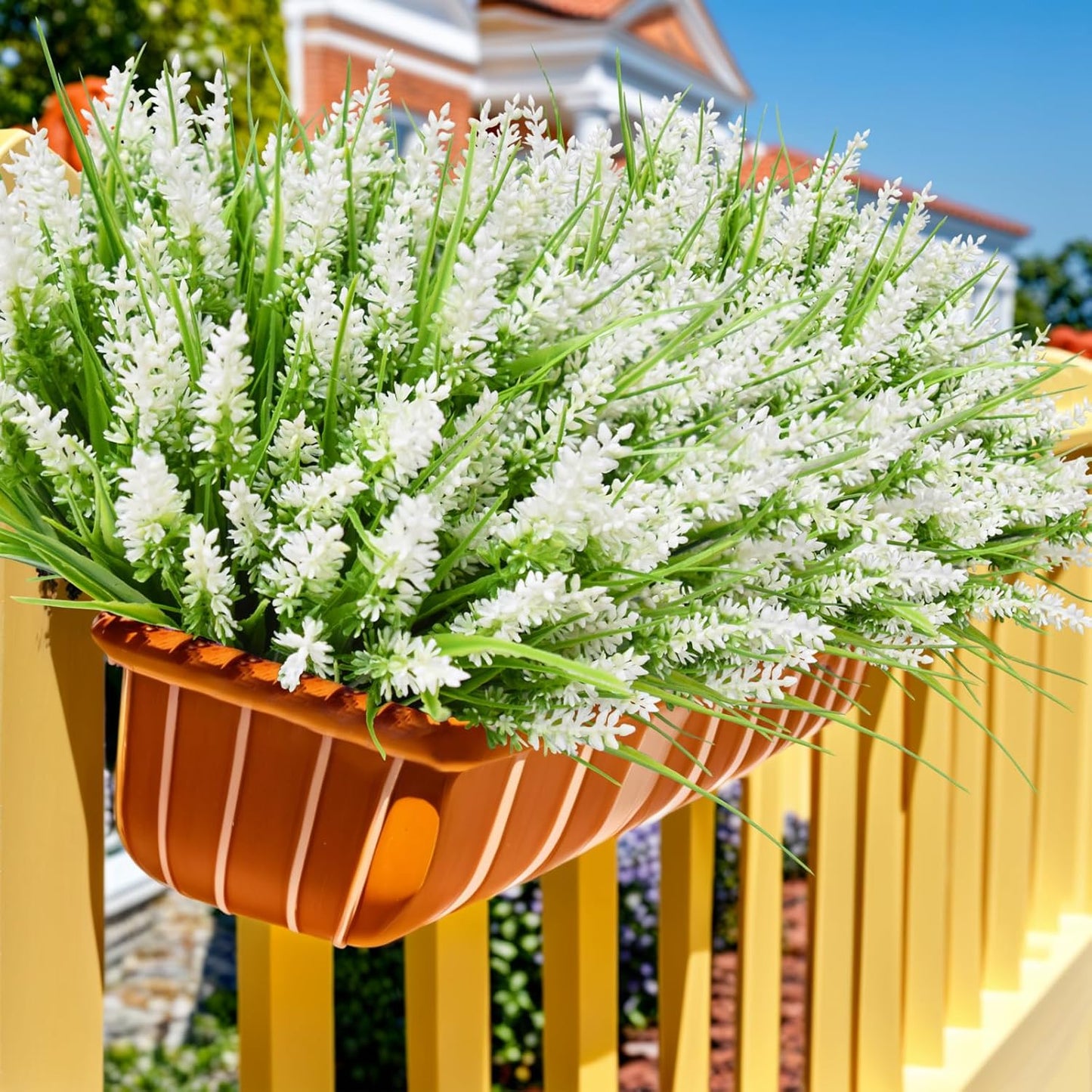 12 Bundles Outdoor Artificial Plants and Flowers, UV Resistant Faux Monkey Grass with Lavender and Fake Plastic Greenery for Spring Summer Outside Planter Porch Garden Decor, White