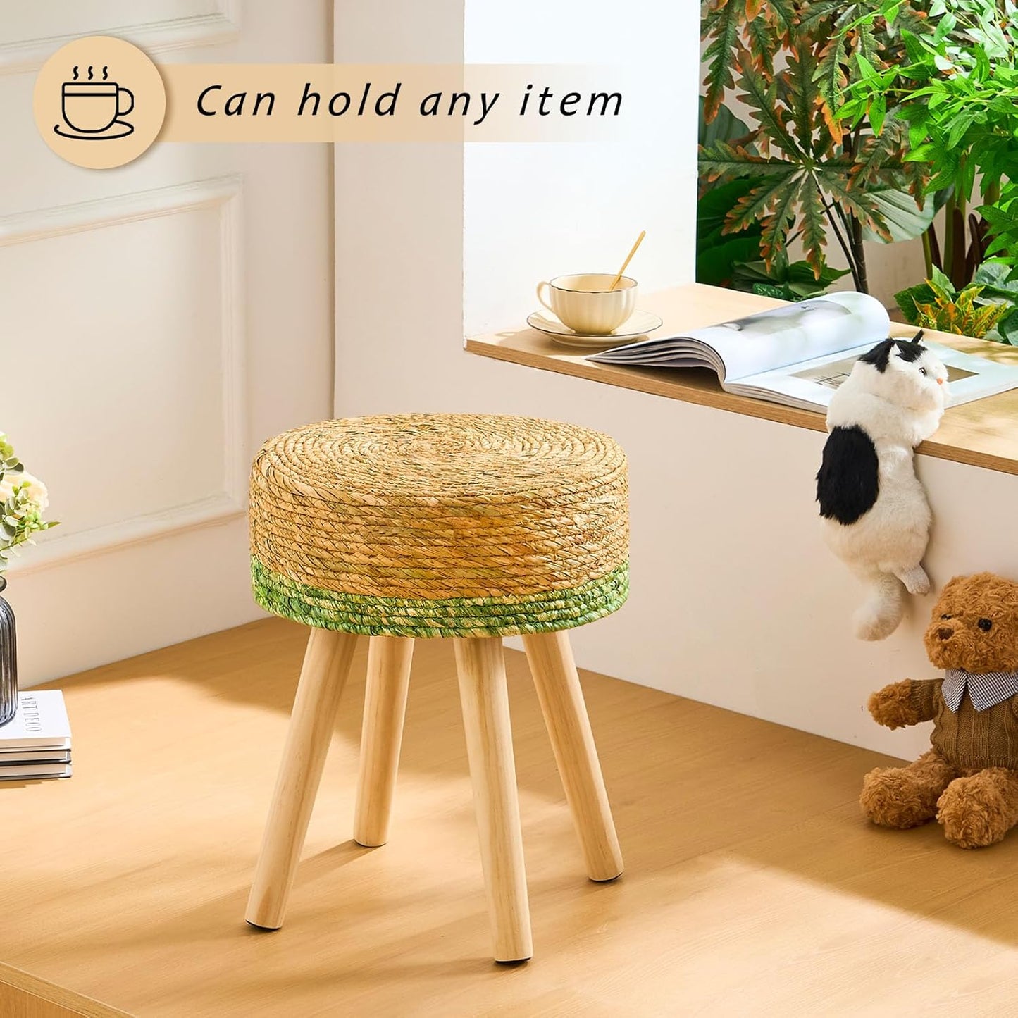 Handwoven Outdoor Ottoman, Water Hyacinth Pouf Round Patio Footstool w