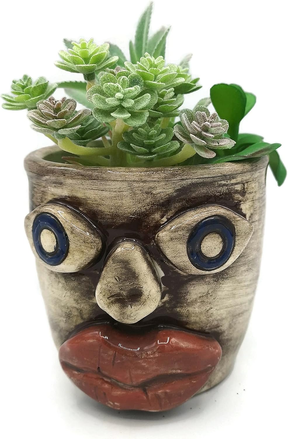 Sculptural Ceramic Planter Pot with Face, Ethnic Office Desk Accessories for Men