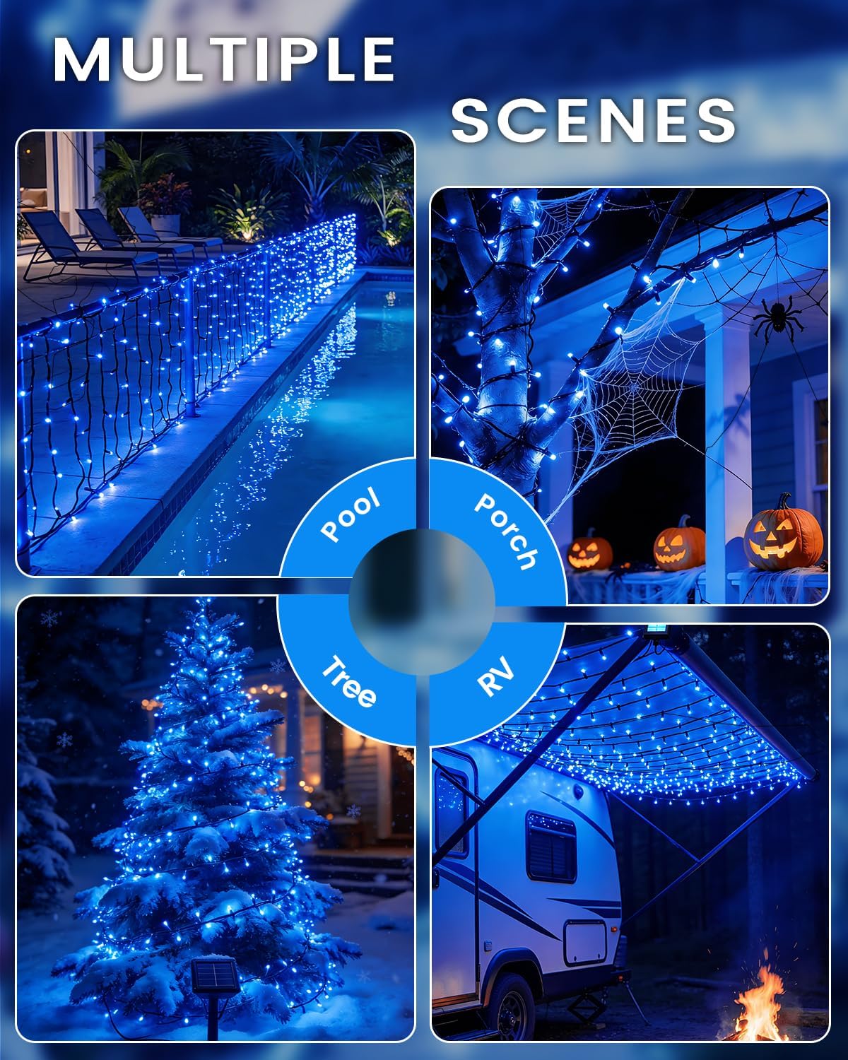 OZS 2PK 240LED Solar String Lights Outdoor Waterproof | Solar Christmas Lights Outdoor with 8 Lighting Modes, Solar Lights Outdoor String for Outside, Xmas Party Garden Tree Decorations (Blue)