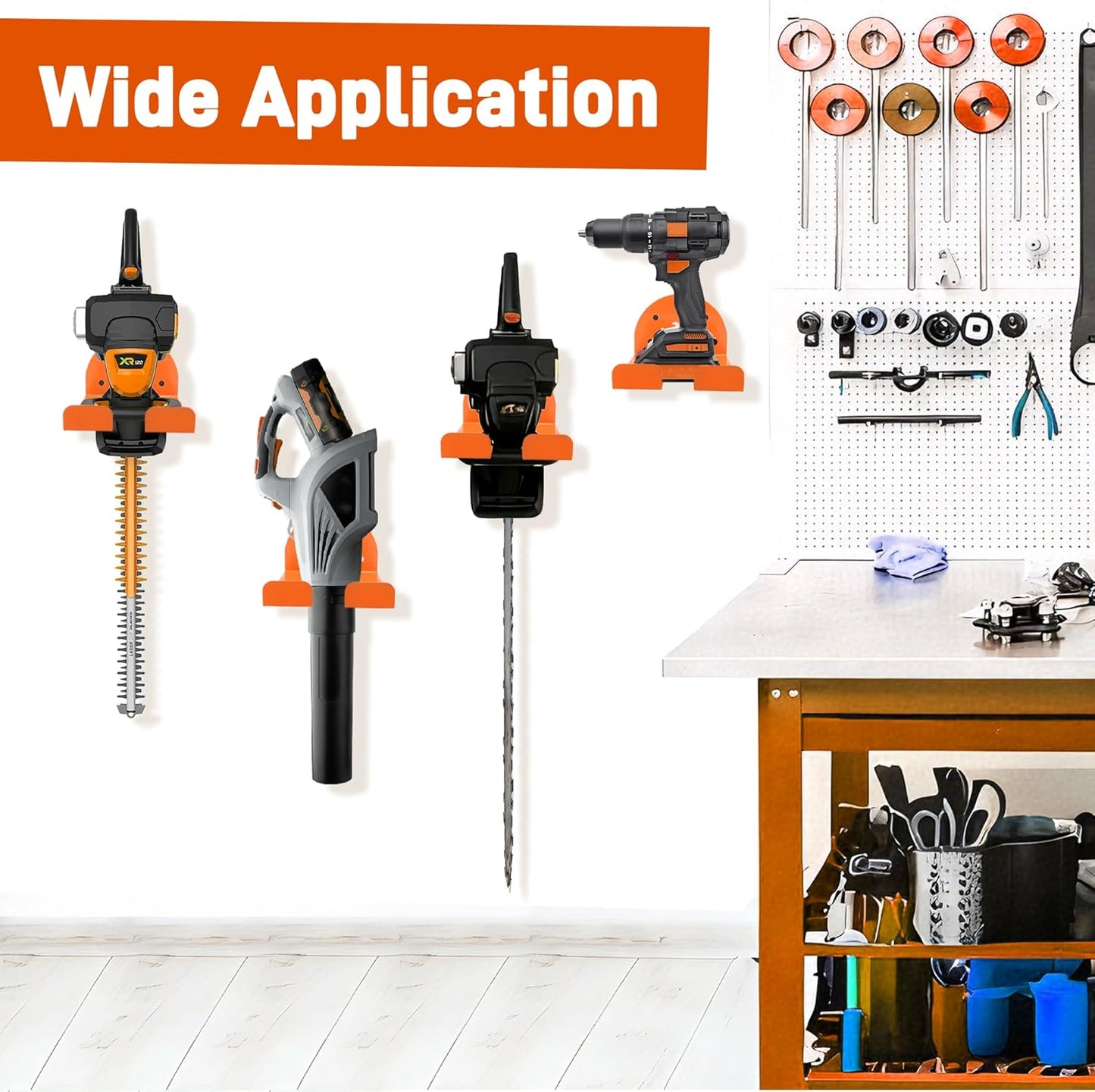 Garage Organizer Trimmer Rack, 2 Pack Weed Eater Hanger for Wall, Tool Hanger Weed Whackers Holder Wall Mounted for Grass Trimmer, Hedge Trimmer, Garage Trimmer, Garden Tools, Orange