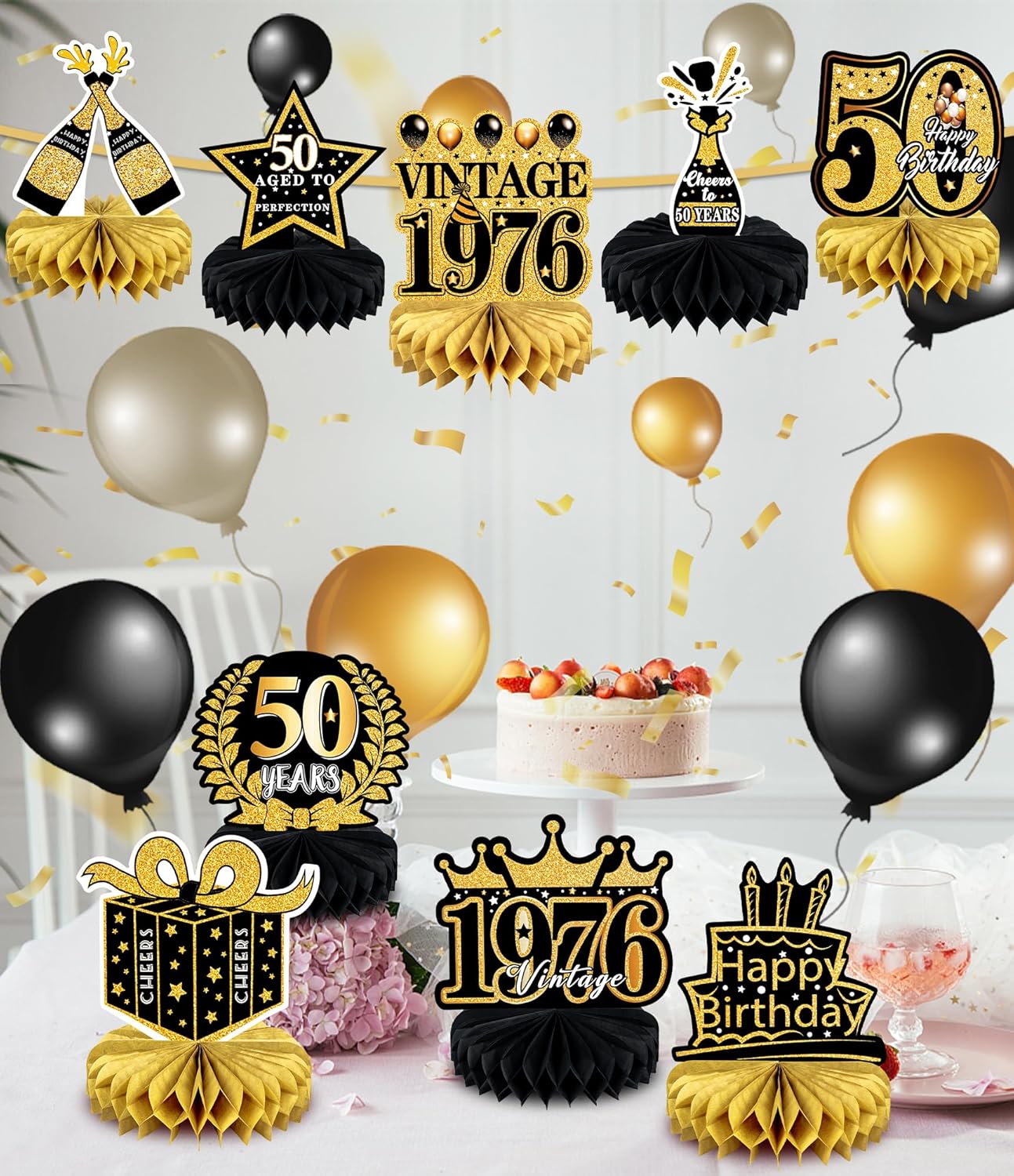 9 Pcs 50th Birthday Decoration for Men Women 50th Birthday Table Decorations Cheers to 50th Birthday Honeycomb Centerpieces Table Topper Black and Gold 50th Birthday Party Favors