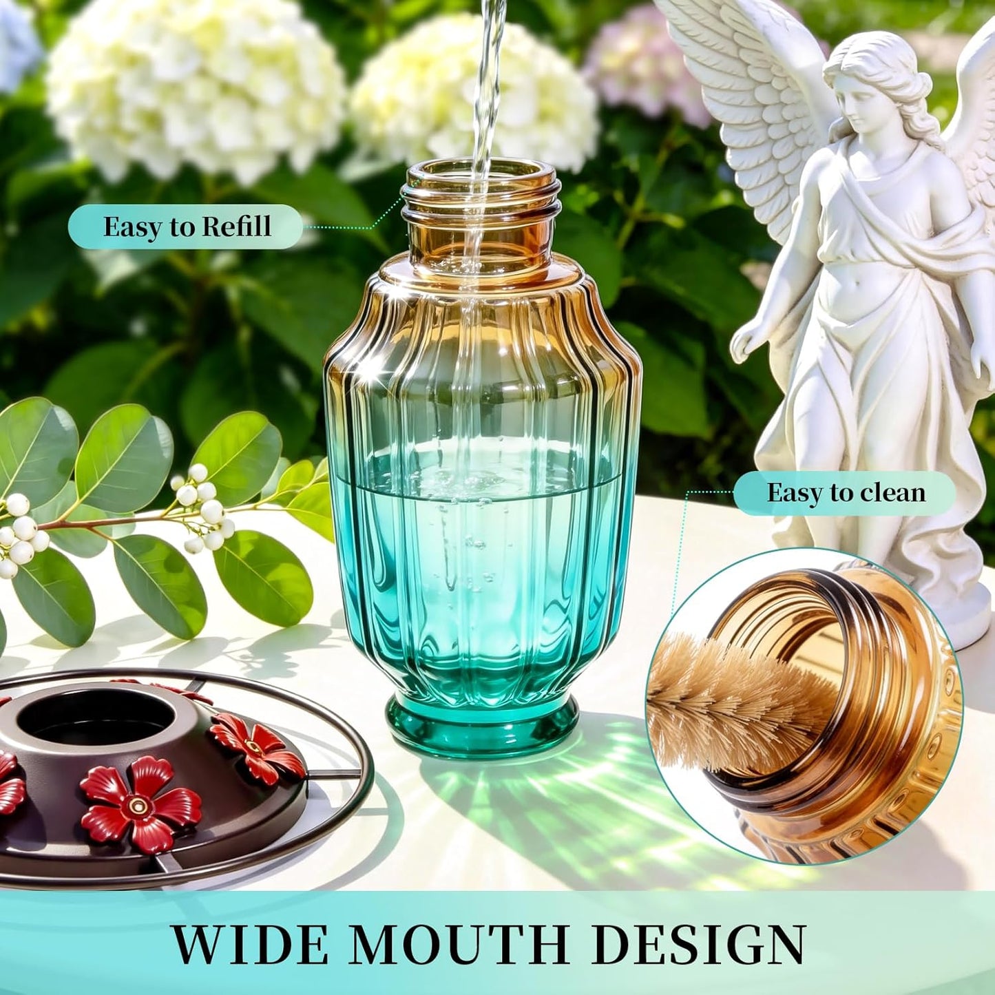 Glass Hummingbird Feeder for Outdoors Hanging, 16Oz Bird Nectar Feeder with Perch & 5 Flower Feeding Ports, Leak Proof for Outside Garden Decor Backyard, Gifts for Women Mom, Green