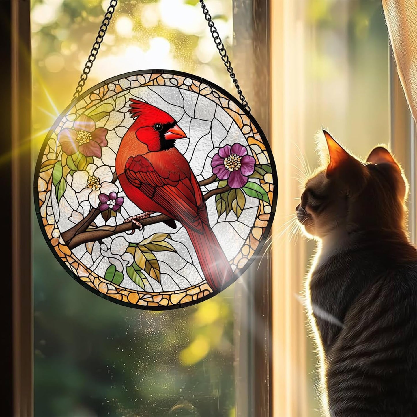 VAIIEYO Cardinal Bird Sun Catcher Stained Glass Window Hanging Ornament, Handmade Sun Catcher Animal Bird Decoration with Hooks for Window Garden Home,Christmas & Birthday Housewarming Gift (7.8 inch)