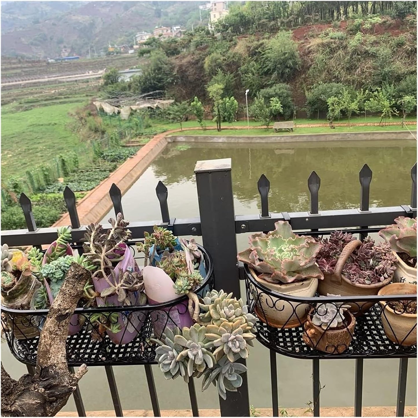 Railing Planter Box - Decorative Fence Planters for Flowers, Hanging Shelf and Potted Plant Stand, Outdoor Balcony Garden Decor, Ideal for Home and Patio