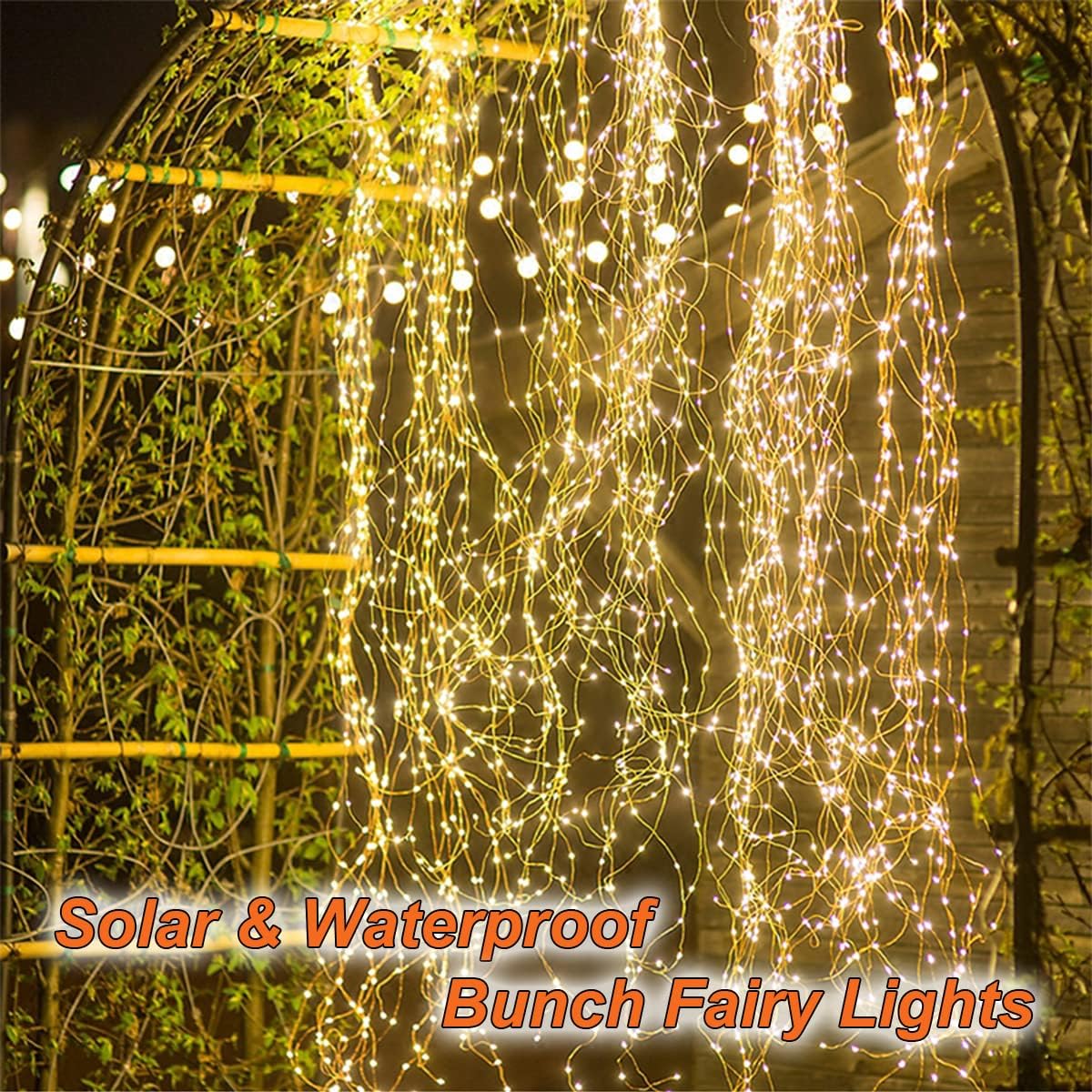 Chims Solar Fairy String Lights Bunch Light 300 LED 15 Branch Warm White Firefly Lighting Waterproof Solar Powered Waterfall Starry Fairy Lights for Indoor Festival Decor