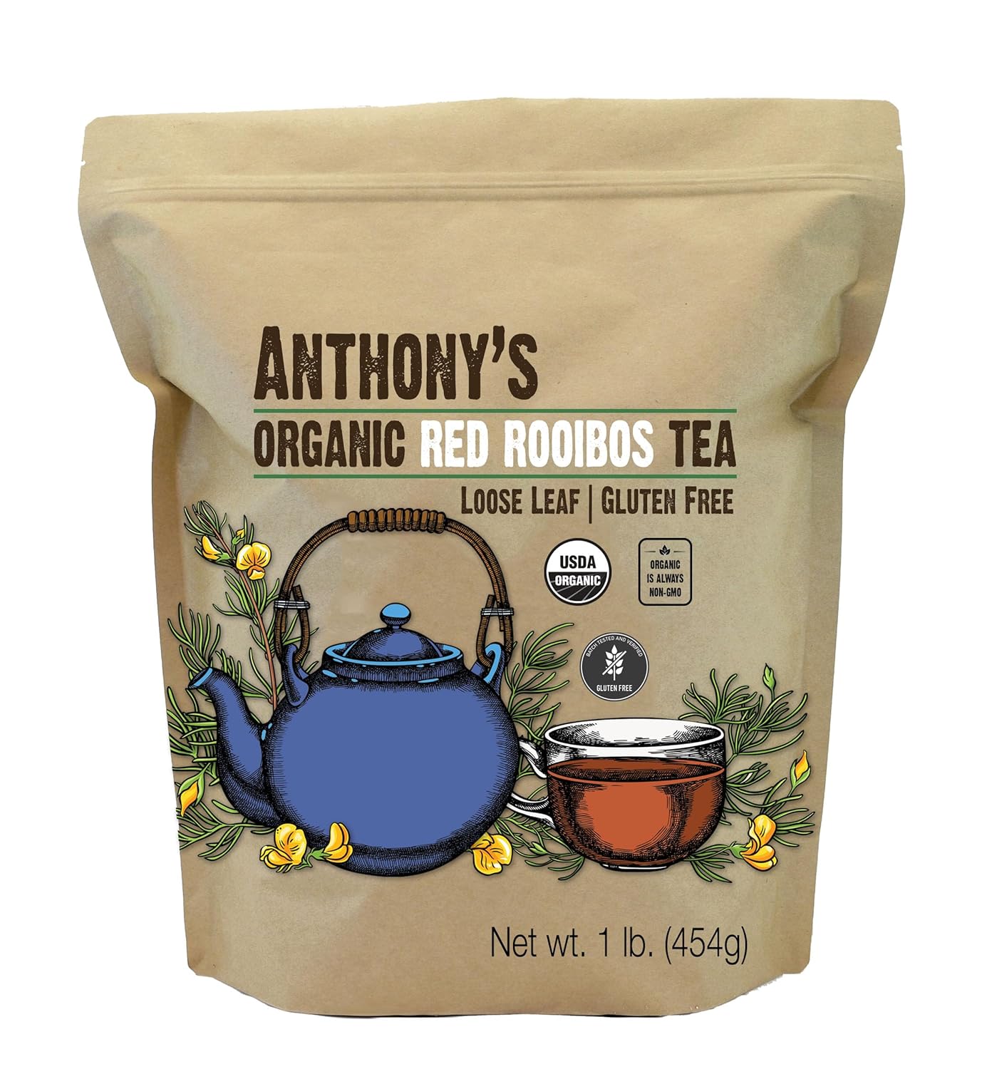 Anthony's Organic Red Rooibos Loose Leaf Tea, 1 lb, Gluten Free, Non GMO, Non Irradiated, Keto Friendly