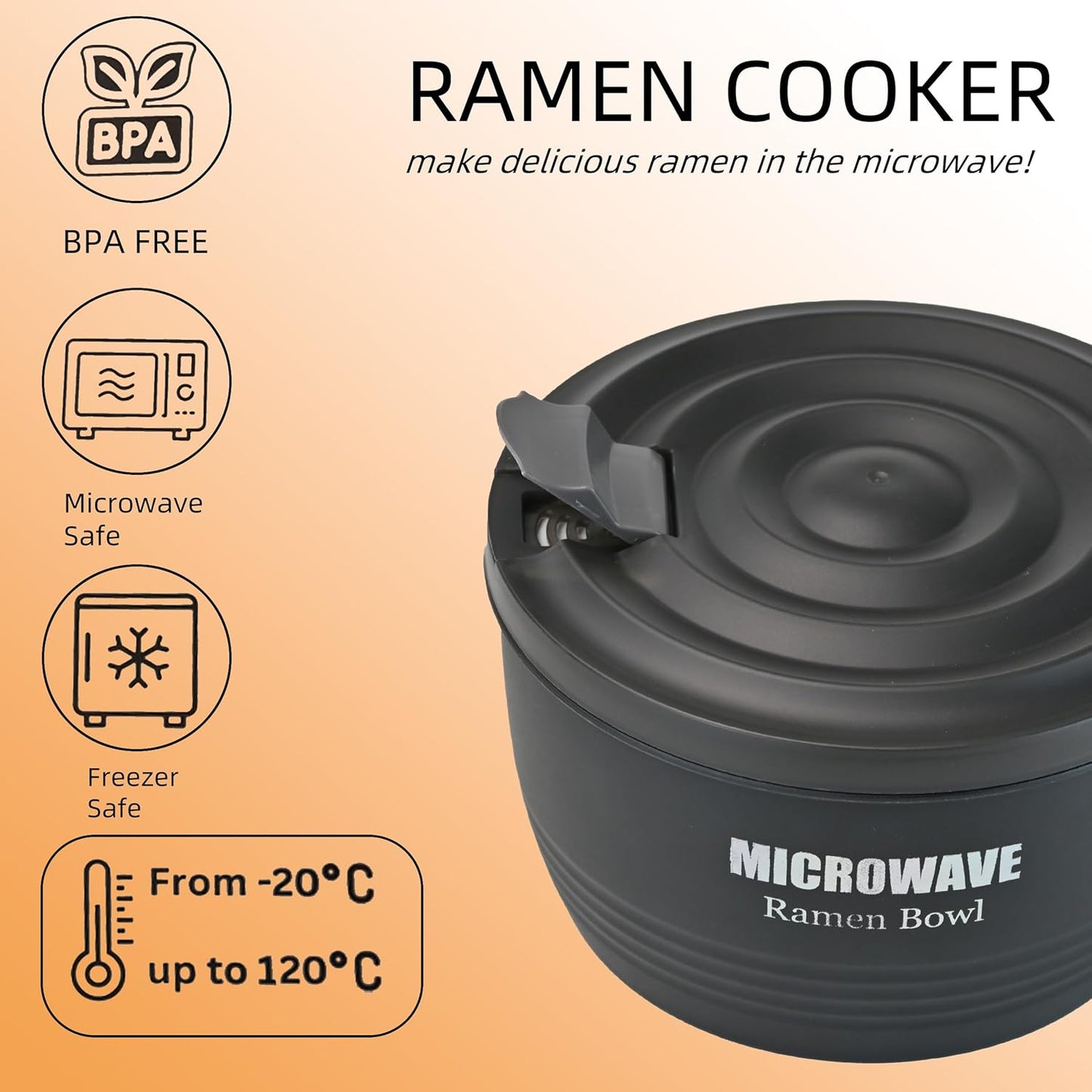 Layron Large Ramen Bowl, Ramen Noodle Bowls Microwavable 45 oz, Ramen Cooker, Microwave Pasta Cooker, Ramen Bowl Microwave Gift for College Boys Girls Male Female Dorm Room (black)
