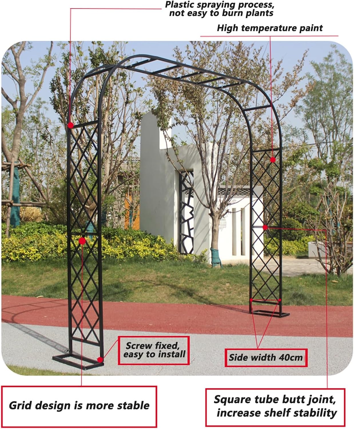 Durable Metal Rose Arch Trellis for Climbing Plants, Weather-Resistant Garden Archway, Decorative Outdoor Structure for Lawn and Garden (Black, 1.5x2.3x0.4m)