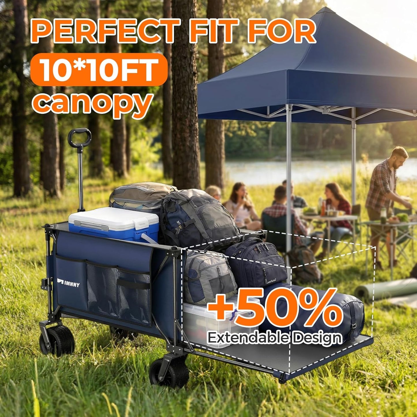 55" Collapsible Wagon with Tailgate & Brakes - 500LBS Heavy Duty Multi-Terrain Cart, 300L Foldable Utility Wagon with Cup Holders & Side Pockets for Beach Sand Camping Sports Shopping (Blue)