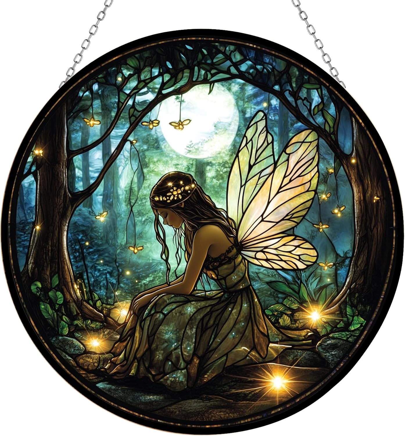 Personalized Boho Fairy and Fireflies Stained Glass Suncatcher Stained Glass Window Hanging Home Decor Garden Halloween Christmas Wedding Housewarming Gifts