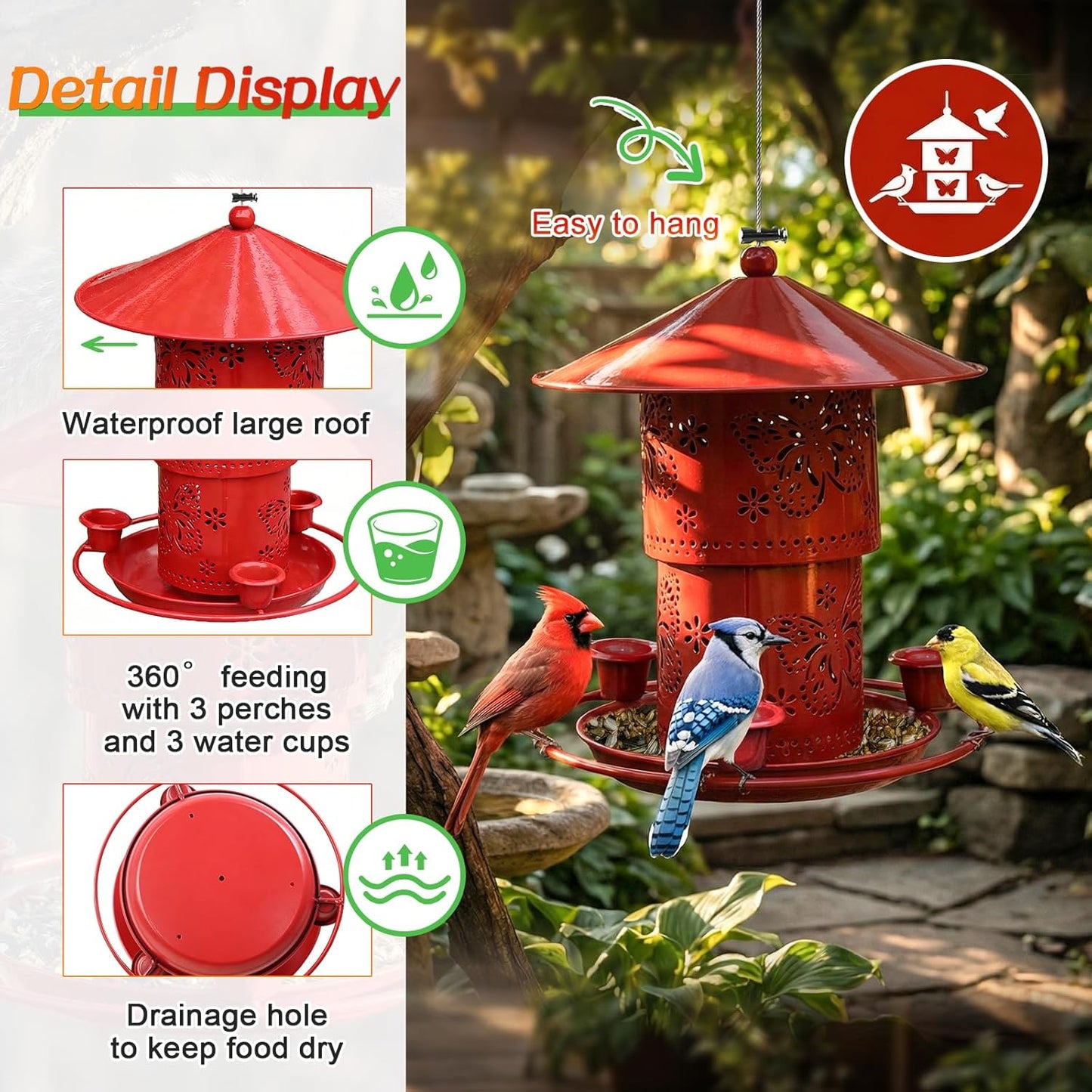 MIGHTYDUTY Wild Bird Feeders Hanging Squirrel Proof Bird Feeder 50 Ounces Large Capacity Foldable Metal Bird Seed Feeders with 3 Water Cups for Small Birds for Outdoors Garden Backyard (Red)