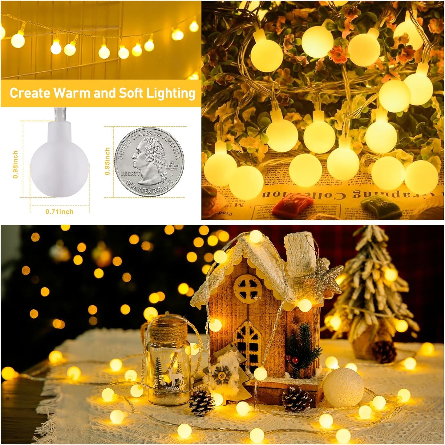 JMEXSUSS 100 LED Connectable Globe String Lights Indoor Bedroom, 33ft 