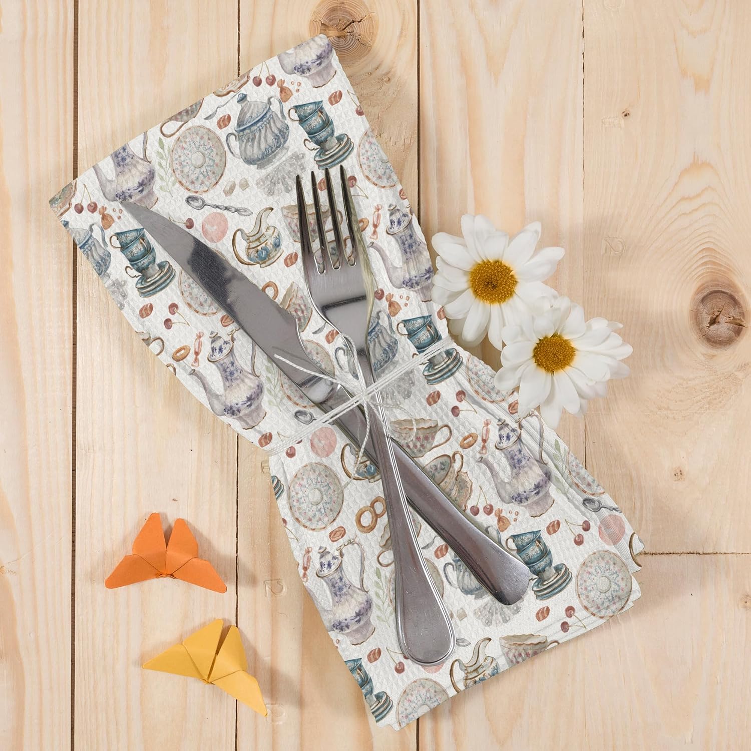 Vintage Teacups Kitchen Dish Towels, Retro French Garden Tea Lover Gif