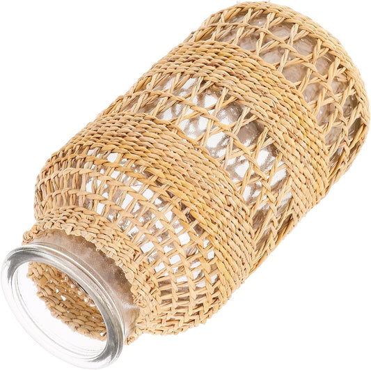 FAVOMOTO Woven Rattan Glass Flower Vase Decorative Table Planter Pot with Seagrass Texture Vintage Style for Home Décor and Office Arrangement