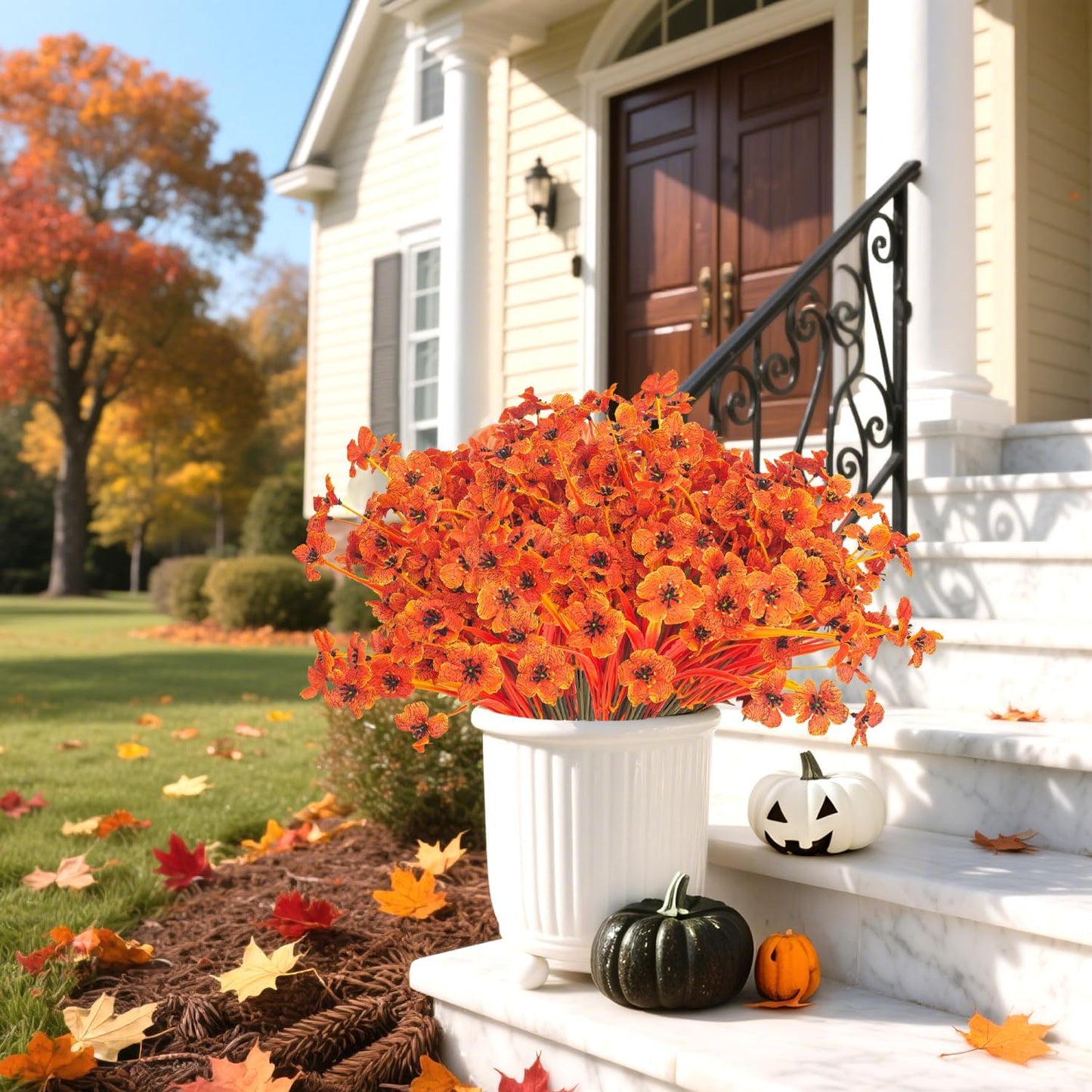 Artificial Fall Flowers Outdoor - Autumn Realistic Faux Plant , Weather-Resistant UV Protection, Perfect for Porch, patio, Garden, Window Box, and Planters Decor(Fall Orange)