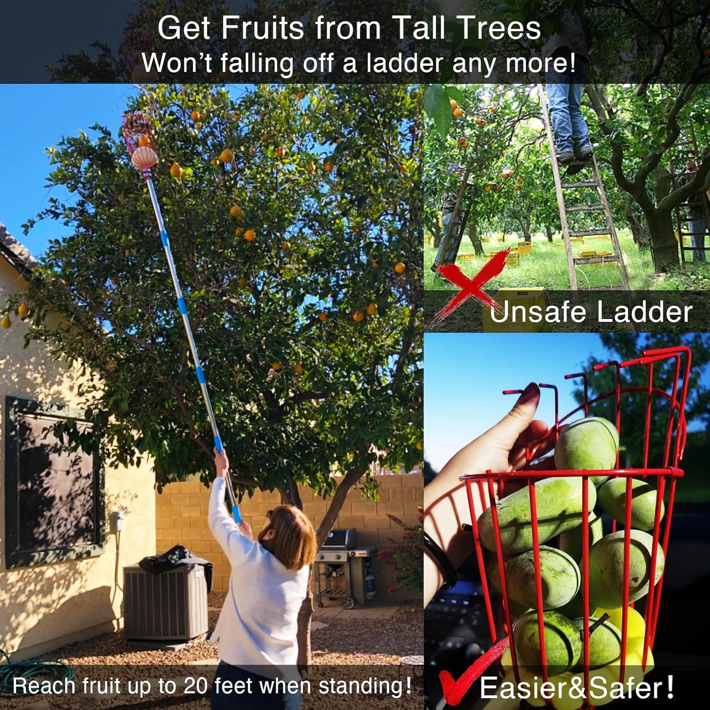 DonSail Fruit Picker Pole Tool with Basket Long Handle, 35-65 Inch Adj