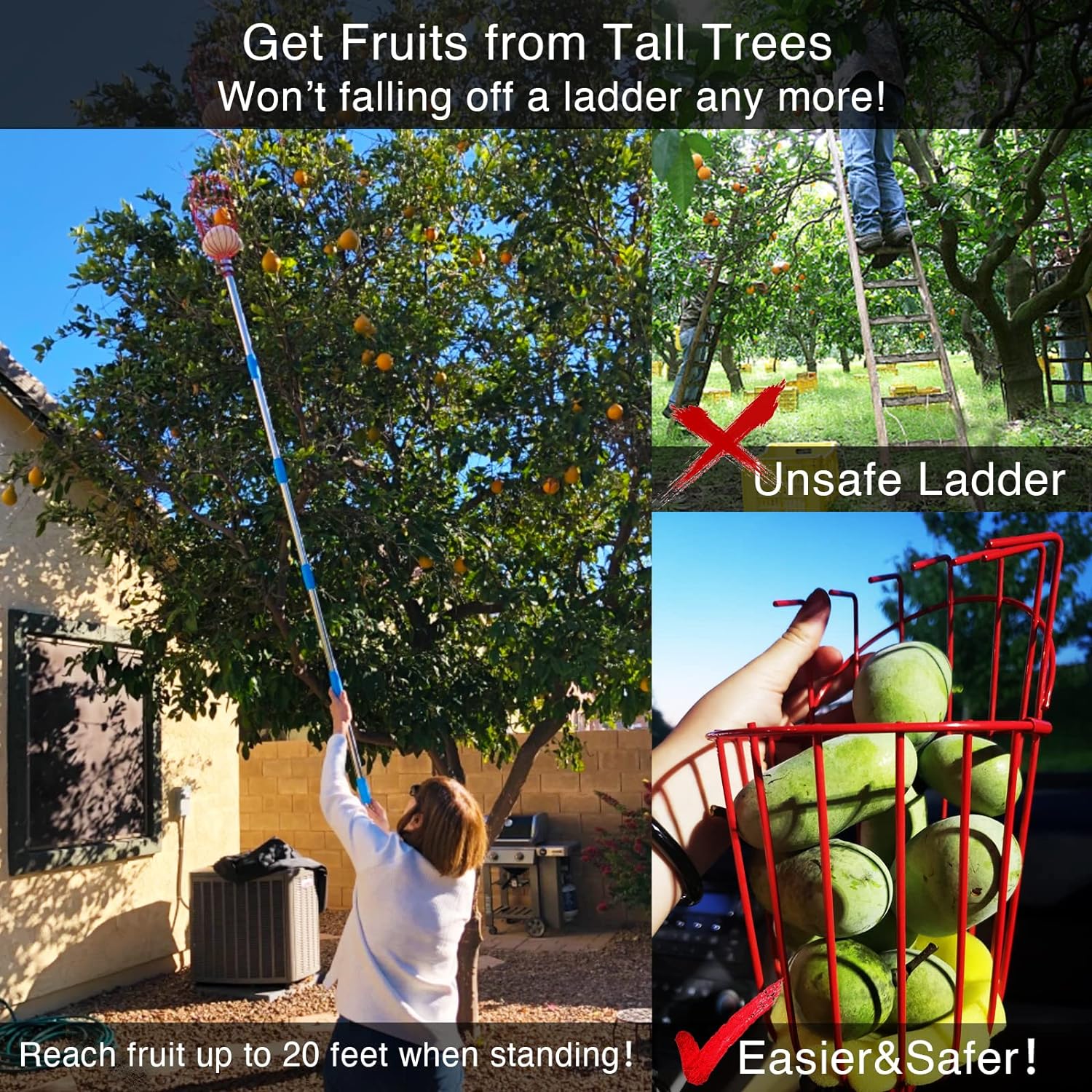 DonSail Fruit Picker Pole Tool with Basket Long Handle, 35-65 Inch Adj