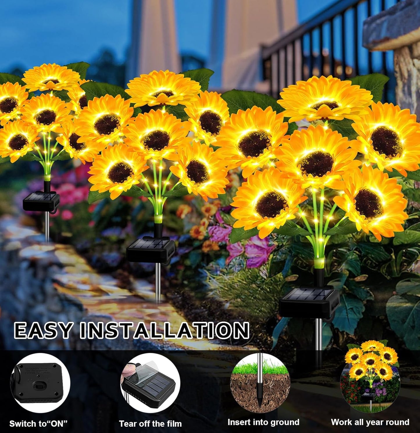 Solar Lights Outdoor Garden Decor,4 Pack with 24 Sunflower Lights,Sola