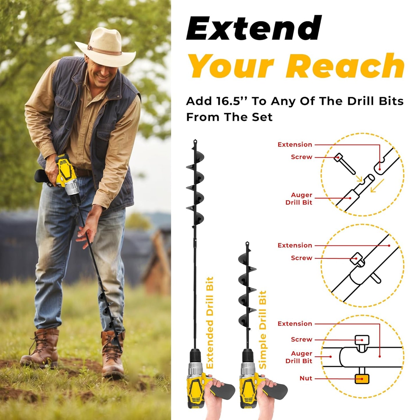 Auger Drill Bit for Planting 3 Pack with Extension - Spiral Hole Plant