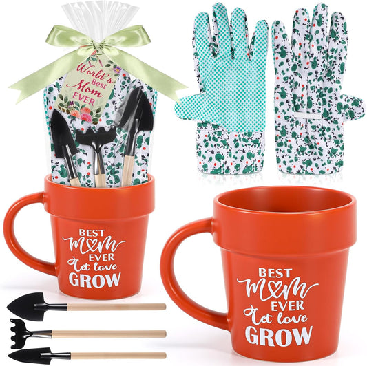 Baderke Gardening Gifts for Women Plant Coffee Mug Gardening Tools Kit with Hand Fork Trowel Gloves Birthday Gift Spring Stuffers White Elephant Gifts for Adults Mom Plant Lovers Women