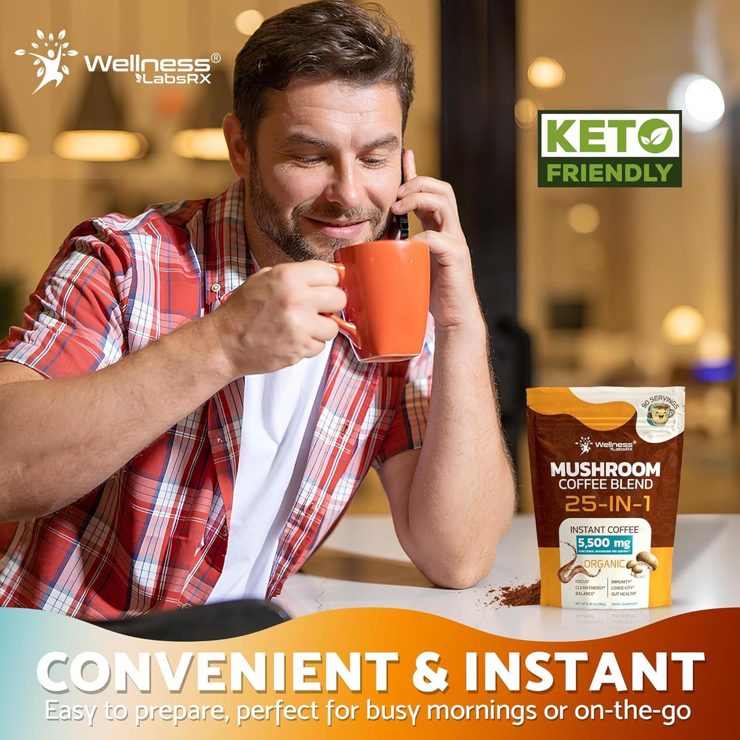 Mushroom Coffee Organic Instant Coffee, 25-in-1, Third-Party Tested Ke