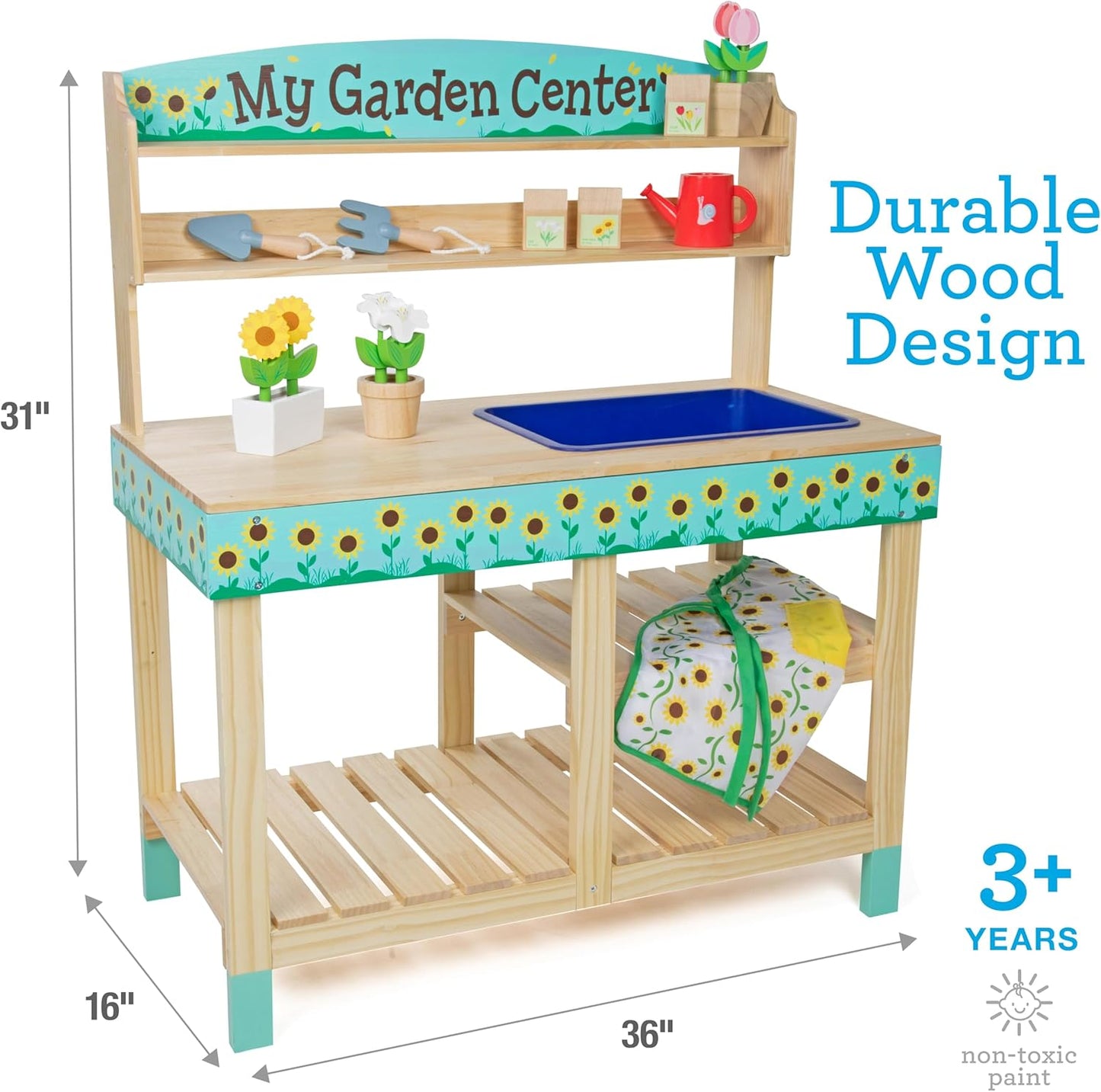 Bloom & Grow Gardening Center Wooden Toy Indoor Playset- Kids Easter Gift- 22 Pc Garden Stand Set w Flowers, Seed Packet, Pots Shovel Rake Apron Watering Pot- Interactive Fun Pretend Playtime Activity