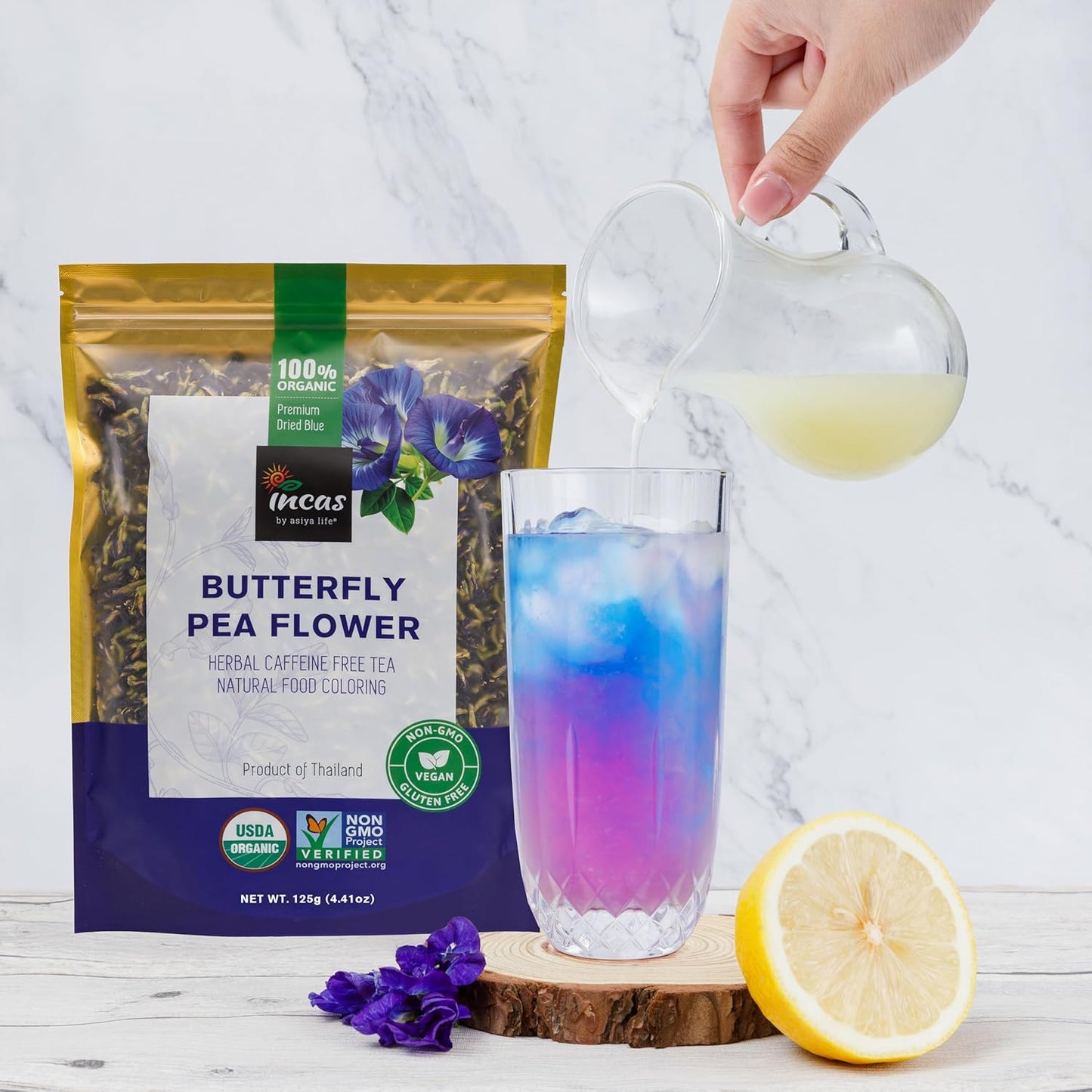 INCAS 100% USDA Organic Butterfly Pea Flower 4.41 oz (375+ Cups) DIRECT FROM SOURCE Thailand Non GMO Verified Dried Caffeine Free Gluten Free Vegan Rich in Antioxidants Free eBook
