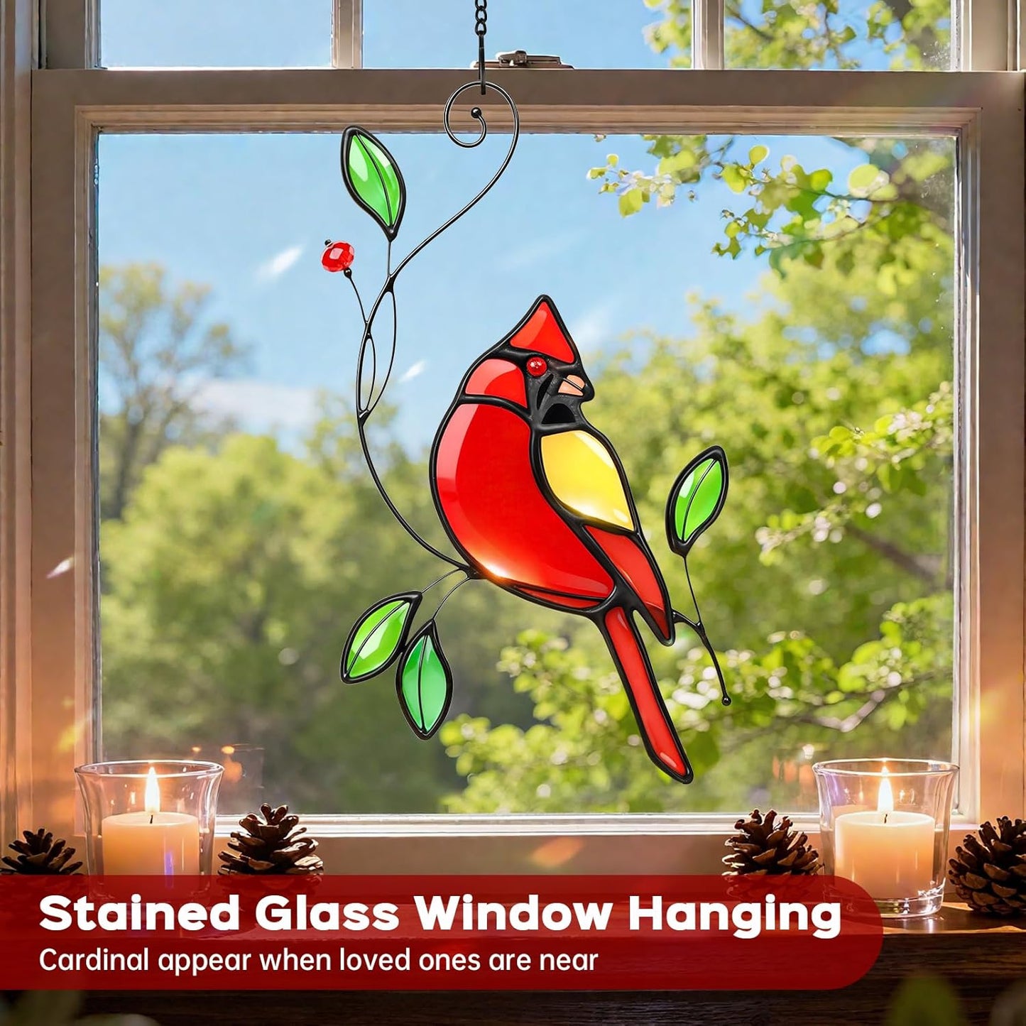 Cardinal Stained Glass Window Hanging, IDEA SHOW Red Cardinal Suncatcher, Real Glass Window Hanging Ornament, Handmade Bird Home Decor Memorial Gift for Women, Mom, Bird Lover