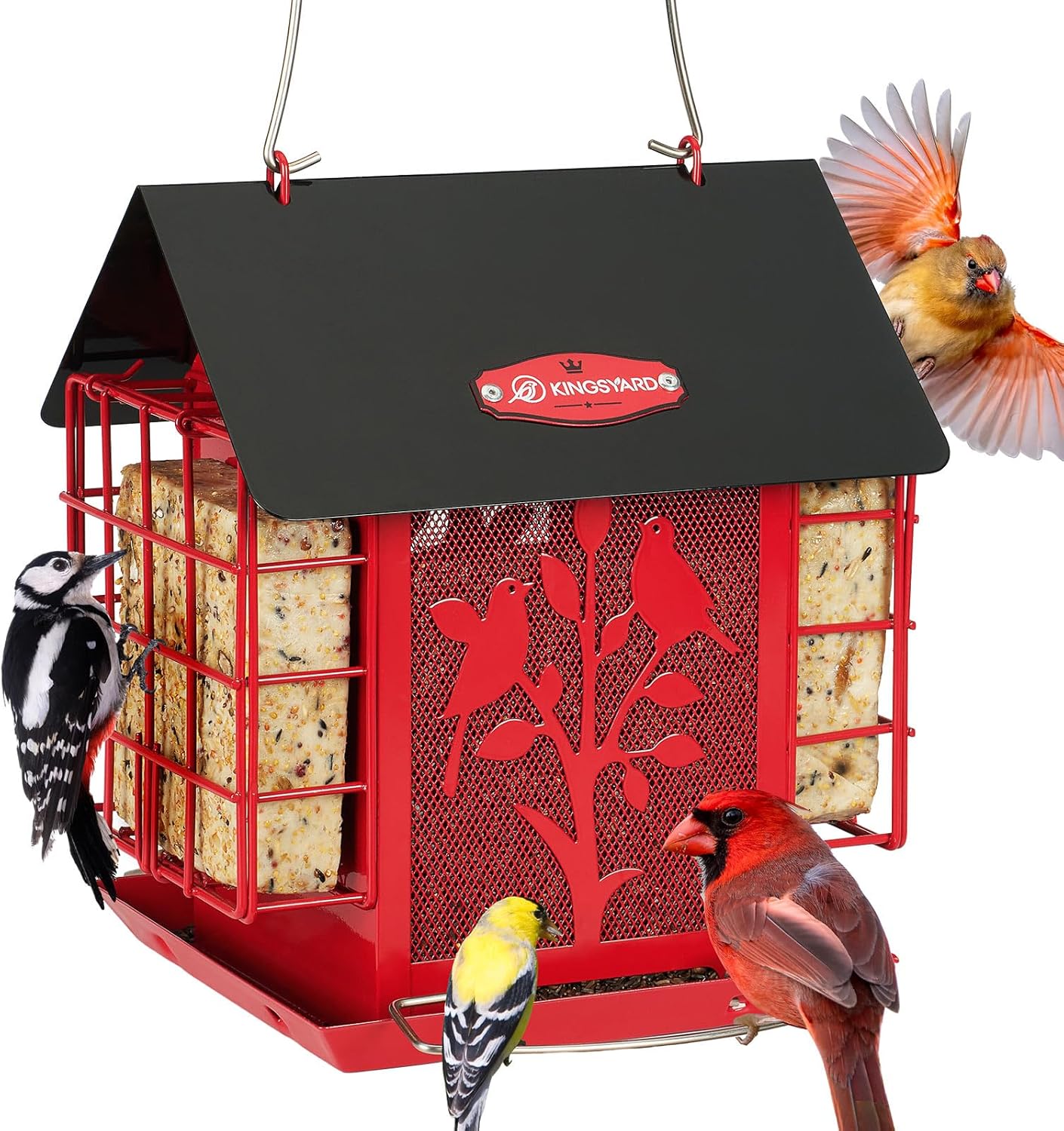 Kingsyard Metal Bird Feeder for Outdoor Hanging, Wild Bird Feeder with Double Suet Cage, Weatherproof Roof and 3 lbs Large Seed Capacity, Red