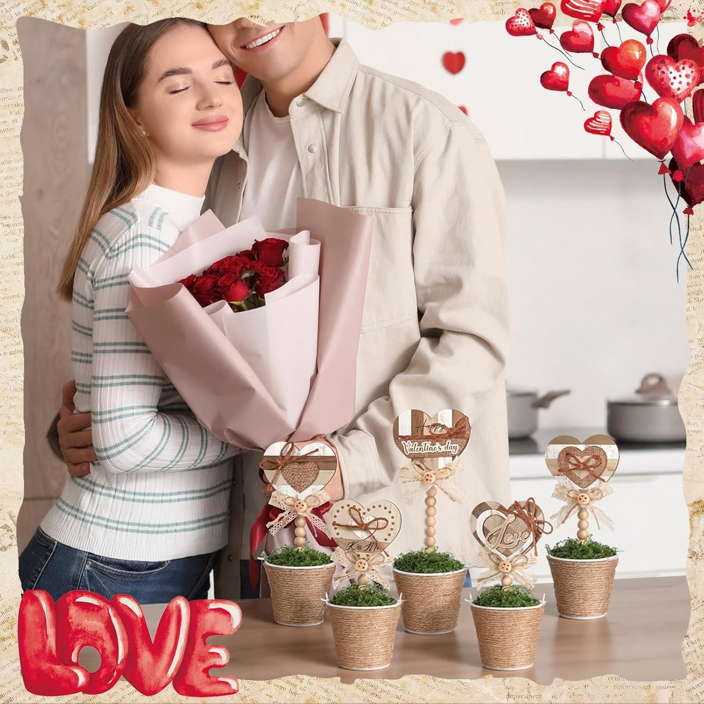 Kathfly 5 Pcs Valentine's Day Rustic Decor Heart Mini Potted Wooden Sign Boho Farmhouse Plant Pot Tabletop Centerpiece Tiered Tray Home Decor Gifts for Women Party Table