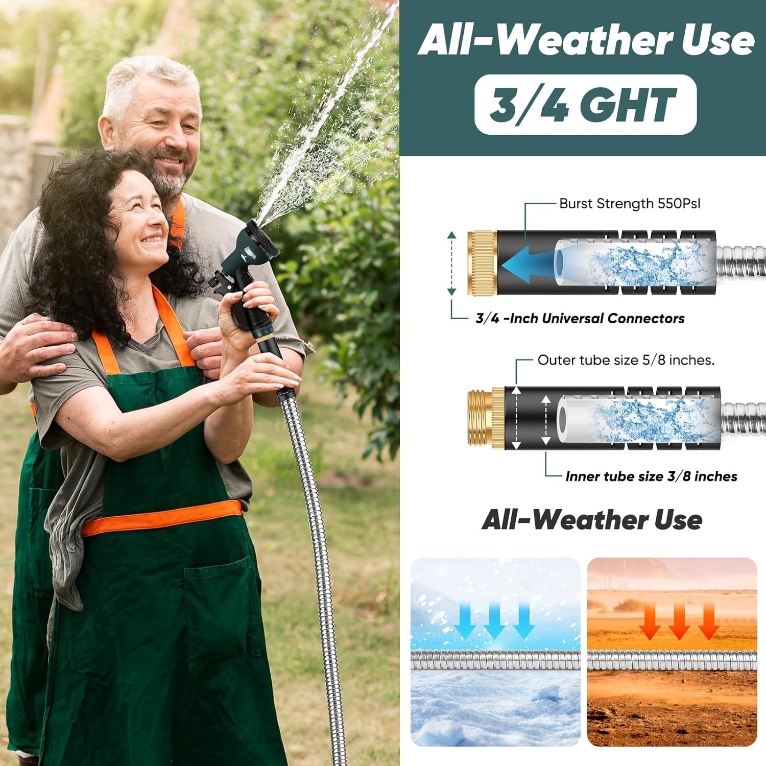 Garden Hose with 10-Function Nozzle, Leak-proof Metal Connector Hose, 