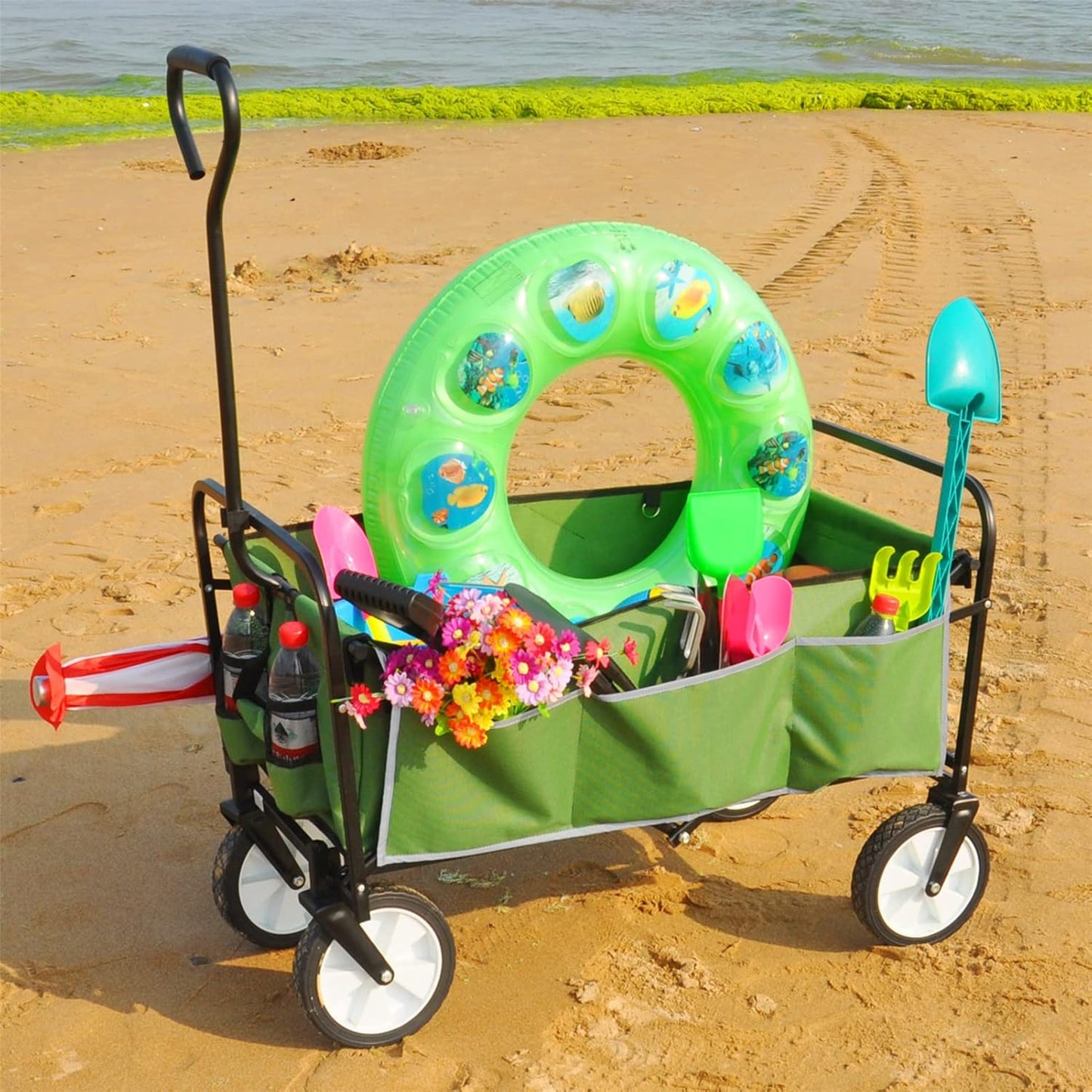 Folding Wagon Cart Collapsible Outdoor Utility Wagon with All Terrain Wheels Beach Wagon,Shopping Cart Camping Wagon Heavy Duty Steel for Beach Camping Shopping Sports Portable (Blue4) (Green)