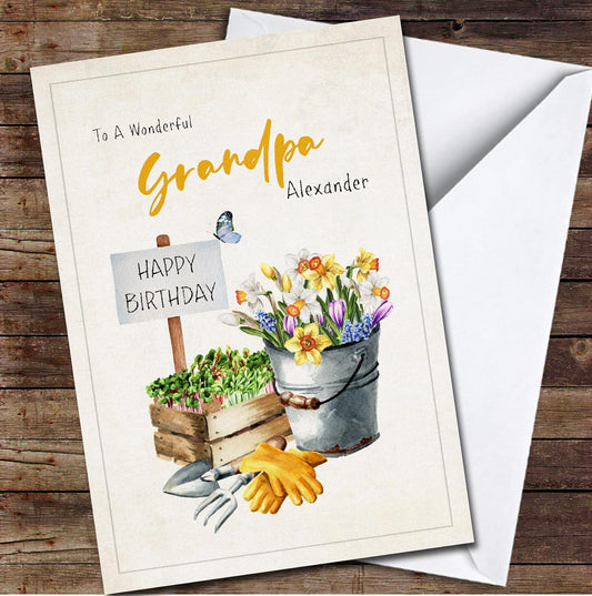 Grandpa Watercolour Flowers Sprouts And Garden Tools Card Birthday Car