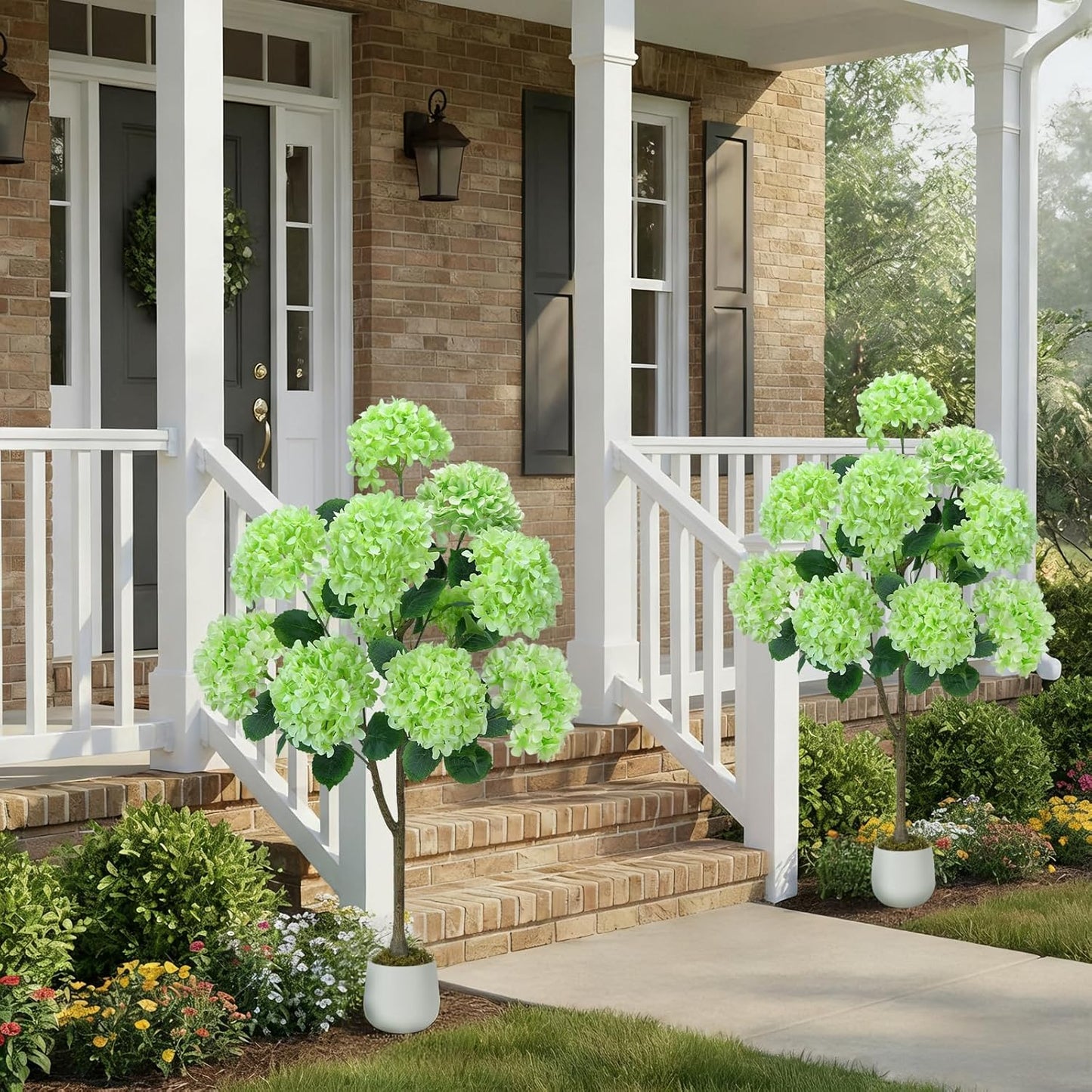 GTIDEA Faux Hydrangea Tree, 47.2 Inch Hydrangea Tree Artificial with Green Flowers, UV Resistant Outdoor Hydrangea Artificial Plants in White Pot for Indoor Outdoor Home Porch Decor (2 Pack)