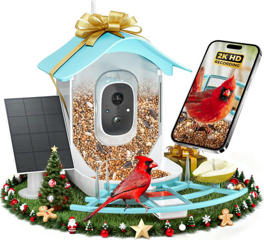 Smart Bird Feeder with Camera, 2K HD AI Identify Birds Species, Bir d Watching Camera with Solar Panel, Auto Capture Bird Videos & Instant Notifications, Ideal Present for Bir d Lover, Blue