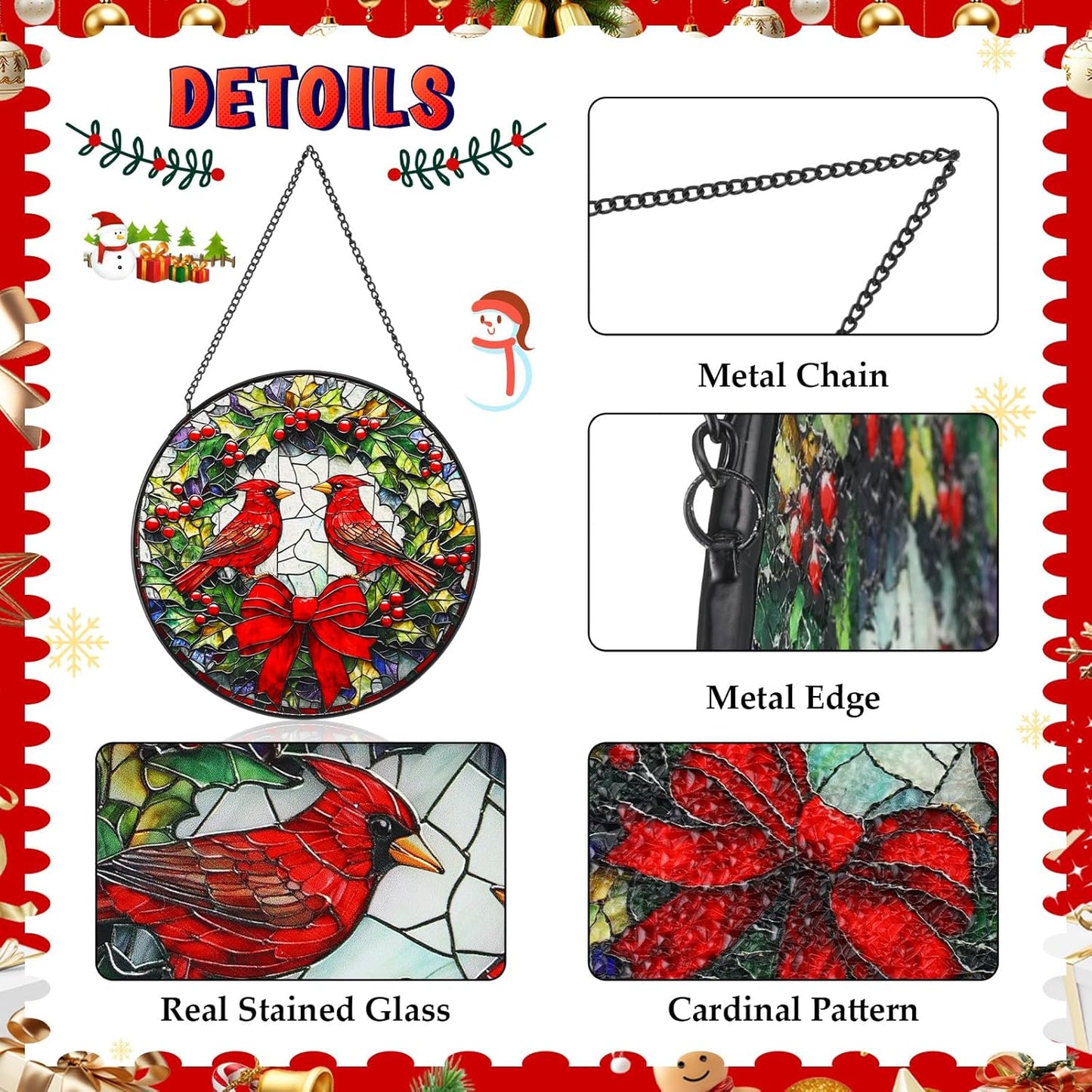 Pinkunn 7.9" Cardinal Stained Glass Window Hanging, Red Bird Sun Catcher Stained Glass Panel with Chain and Hook Cardinal Gifts for Women Christmas Winter Window Decoratios Mother's Day