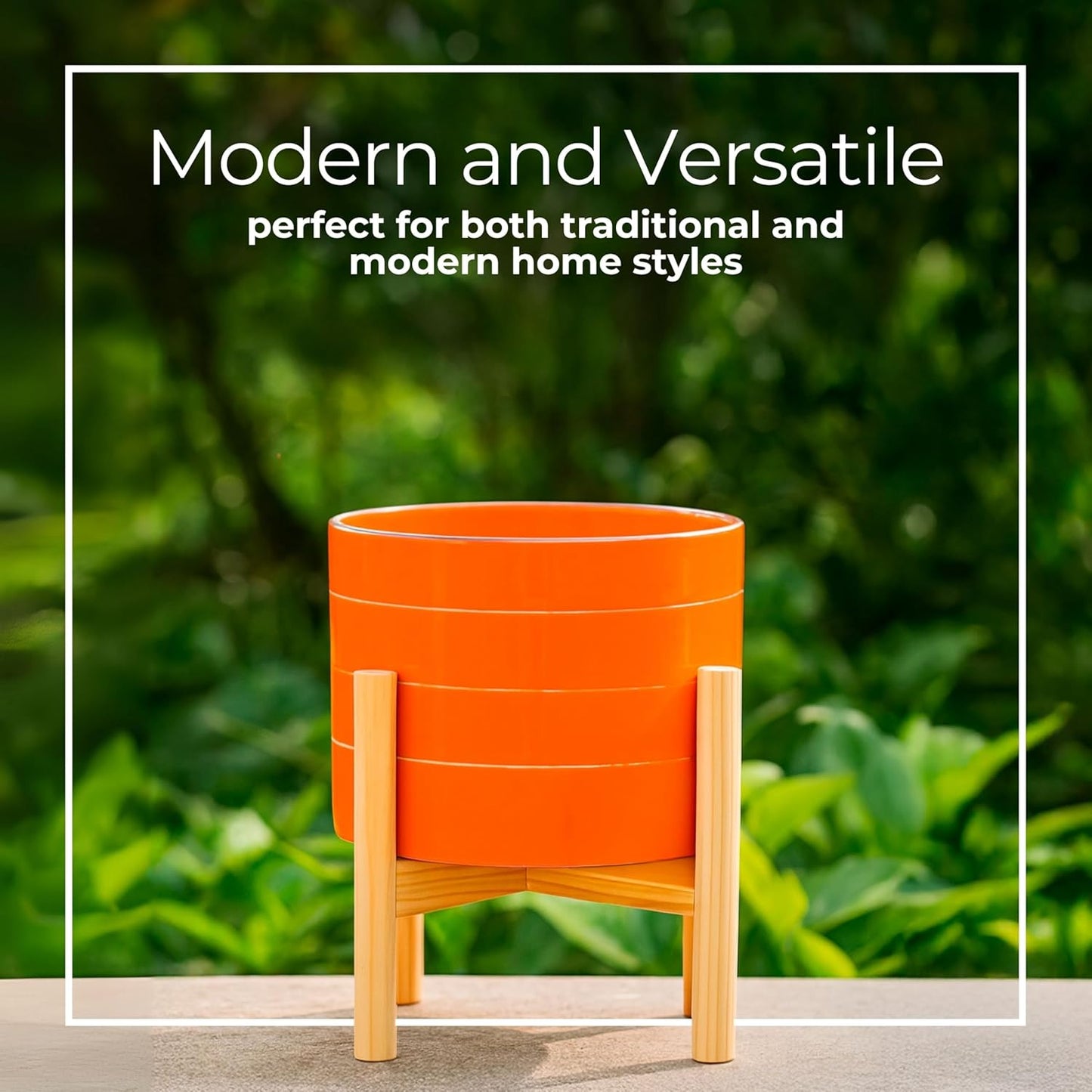 Striped Decorative Planter Pot with Wood Stand – Vibrant Ceramic Stone