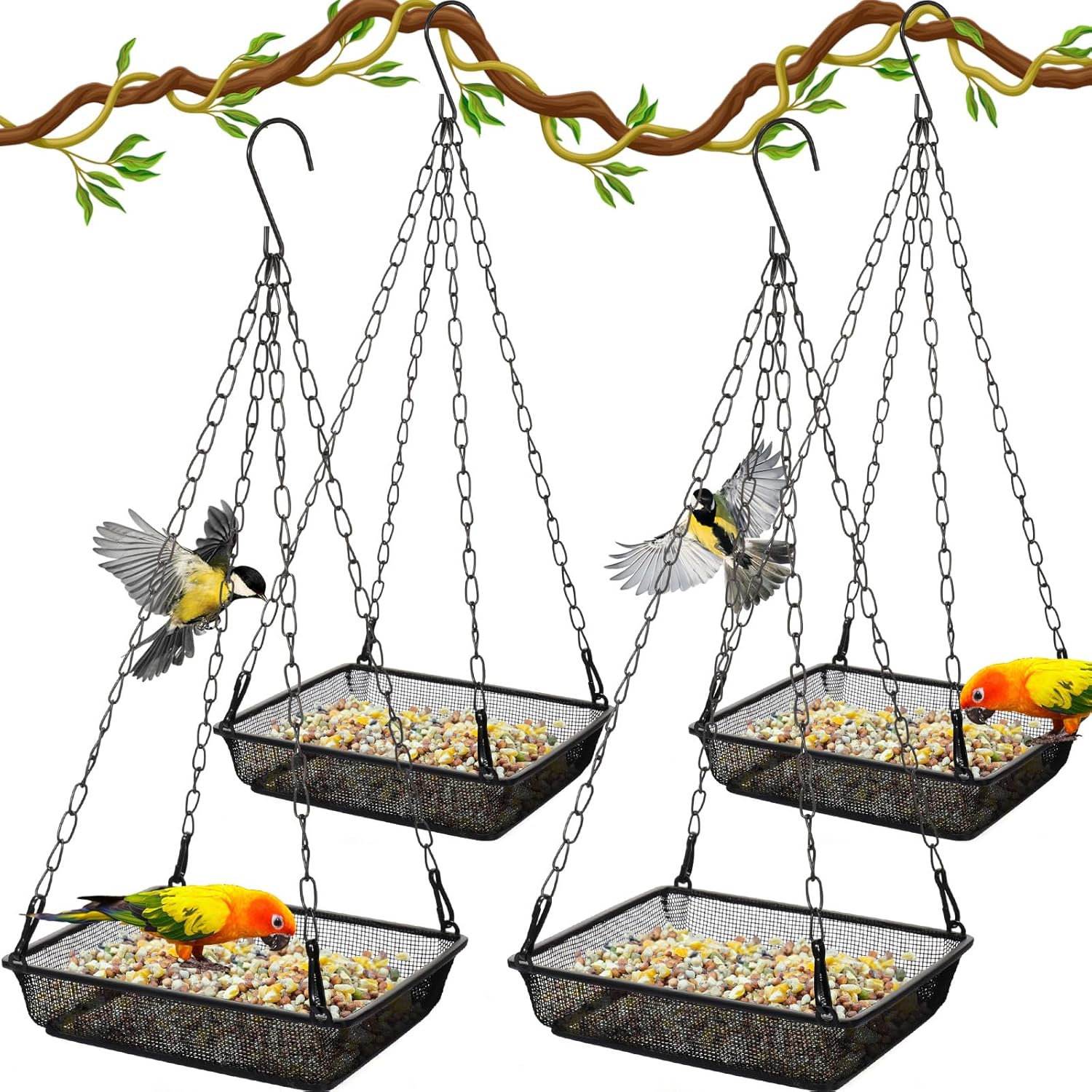4 Pieces Hanging Bird Feeder Tray Platform Metal Mesh Feeder Seed Plat
