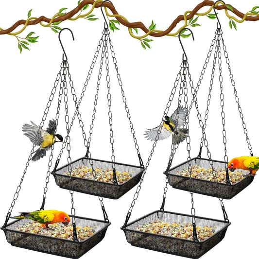 4 Pieces Hanging Bird Feeder Tray Platform Metal Mesh Feeder Seed Plat