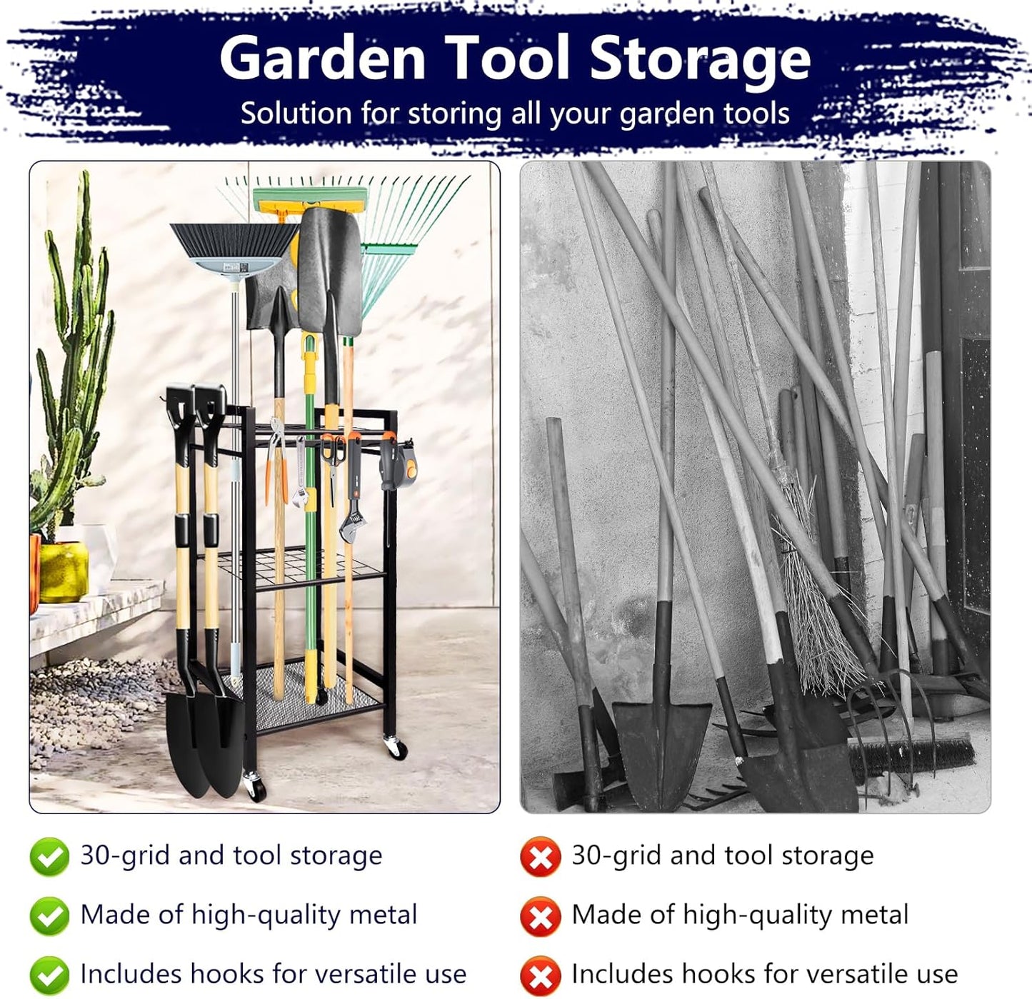 Garden Tool Organizer- 3 Tier Garage Storage and Organization, Holds Up to 35 Long-Handled Tools, Heavy-Duty Metal Holder with 6 Adjustable Hooks, Black