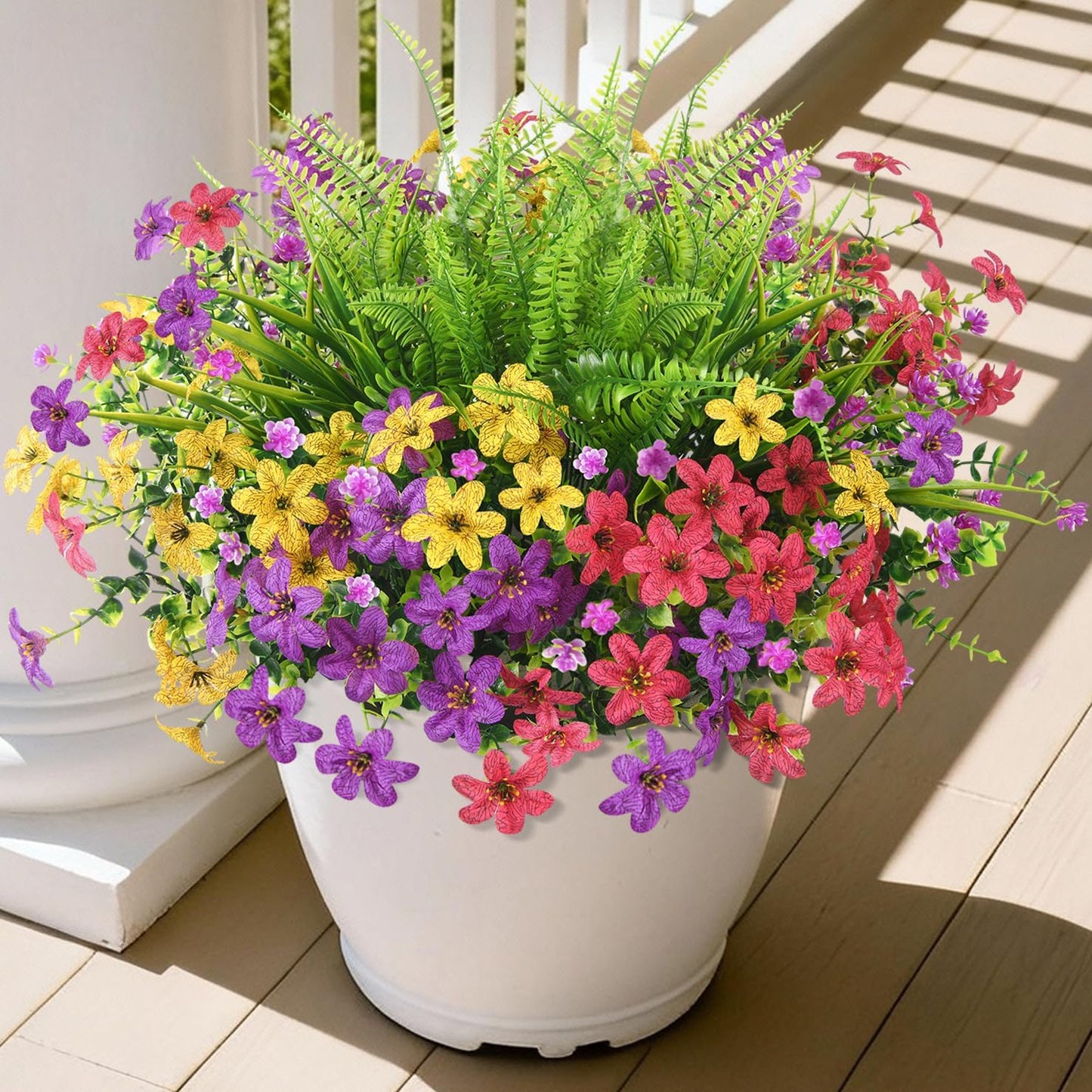 Artificial Flowers with Fake Fern Plants for Outdoors, 12 Bundles Realistic Faux Flower Silk Daisy with Eucalyptus Stem UV Resistant for Outside Patio Planter Porch Yard Window Spring Decoration